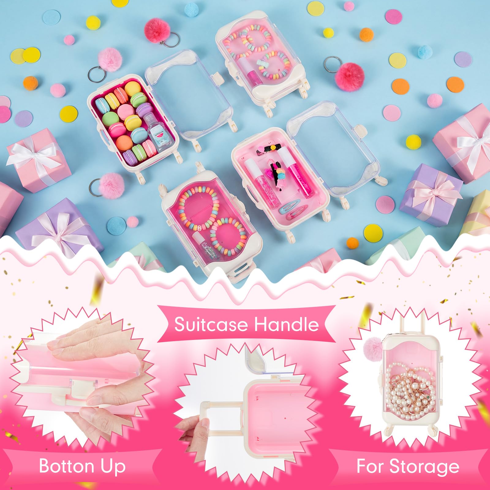 LemonRoad 48 Stück leere Mini-Koffer-Geschenkbox und Plüschkugel-Schlüsselanhänger, transparent, für Süßigkeiten, Gepäck, Aufbewahrungsbehälter, Koffer-Verpackung, Koffer für Hochzeit, Geburtstag