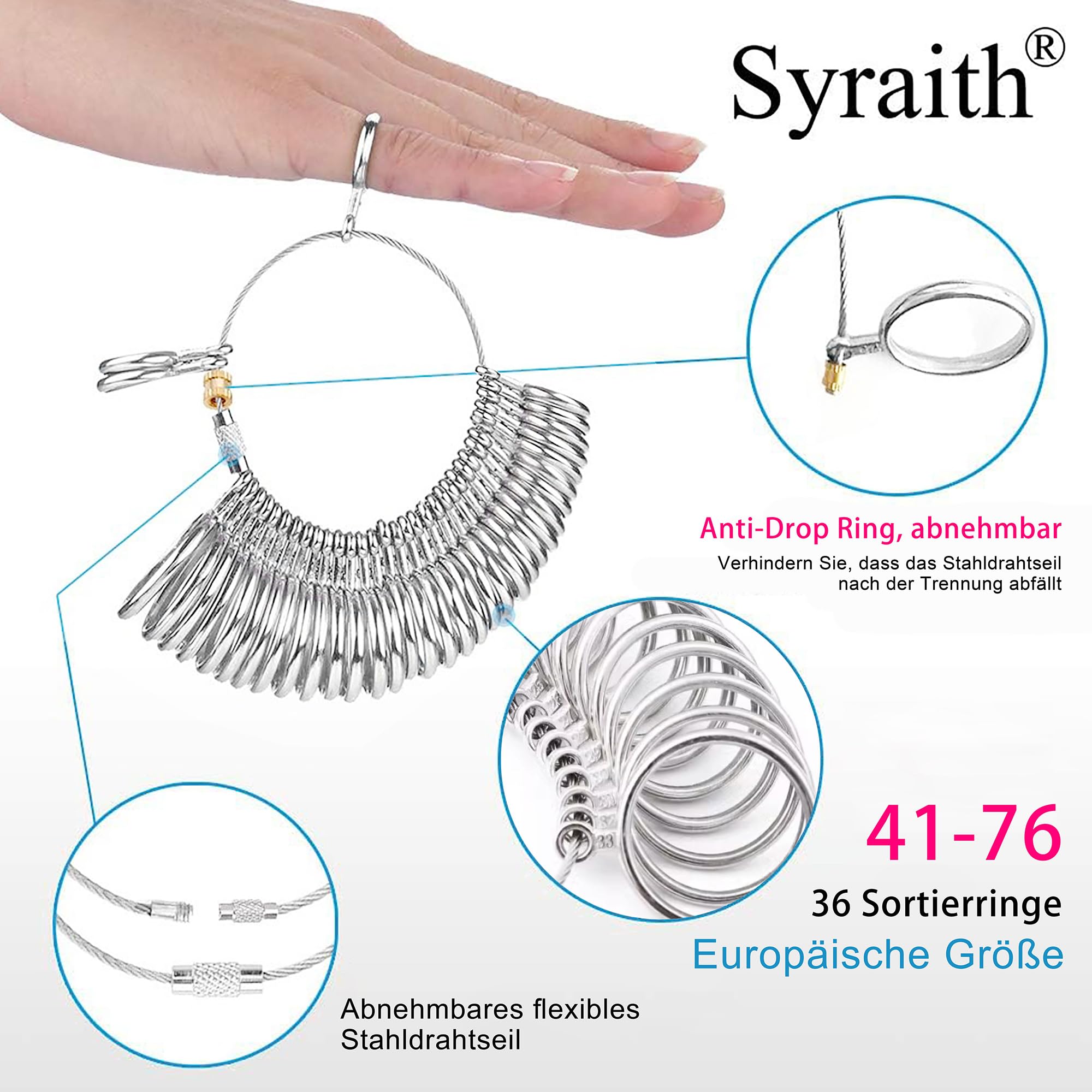Misuratore Anelli, Kit di Misura Del Diametro Dell'anello, Misure Europee 41-76, 36 Utensili Misura Anelli Per la Misura Delle Dita e la Correzione Dell'anello, Inclusa Scatola di Stoccaggio