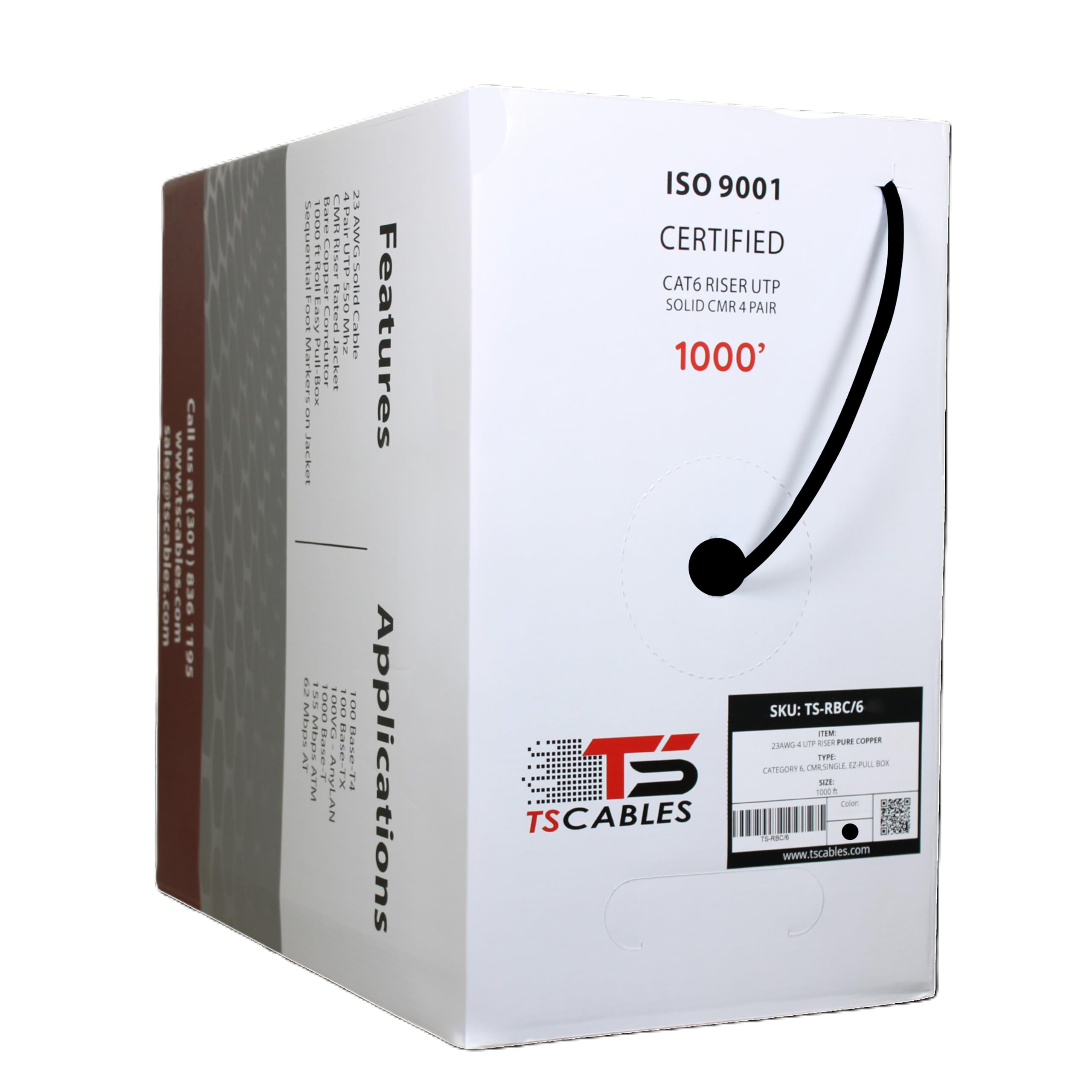 TSCables | Cat6 Riser (CMR) Bulk Ethernet Cable 1000ft, 23AWG Solid Bare Copper, 550MHz, PoE++ (4PPoE), High-Performance Network Cable, Unshielded