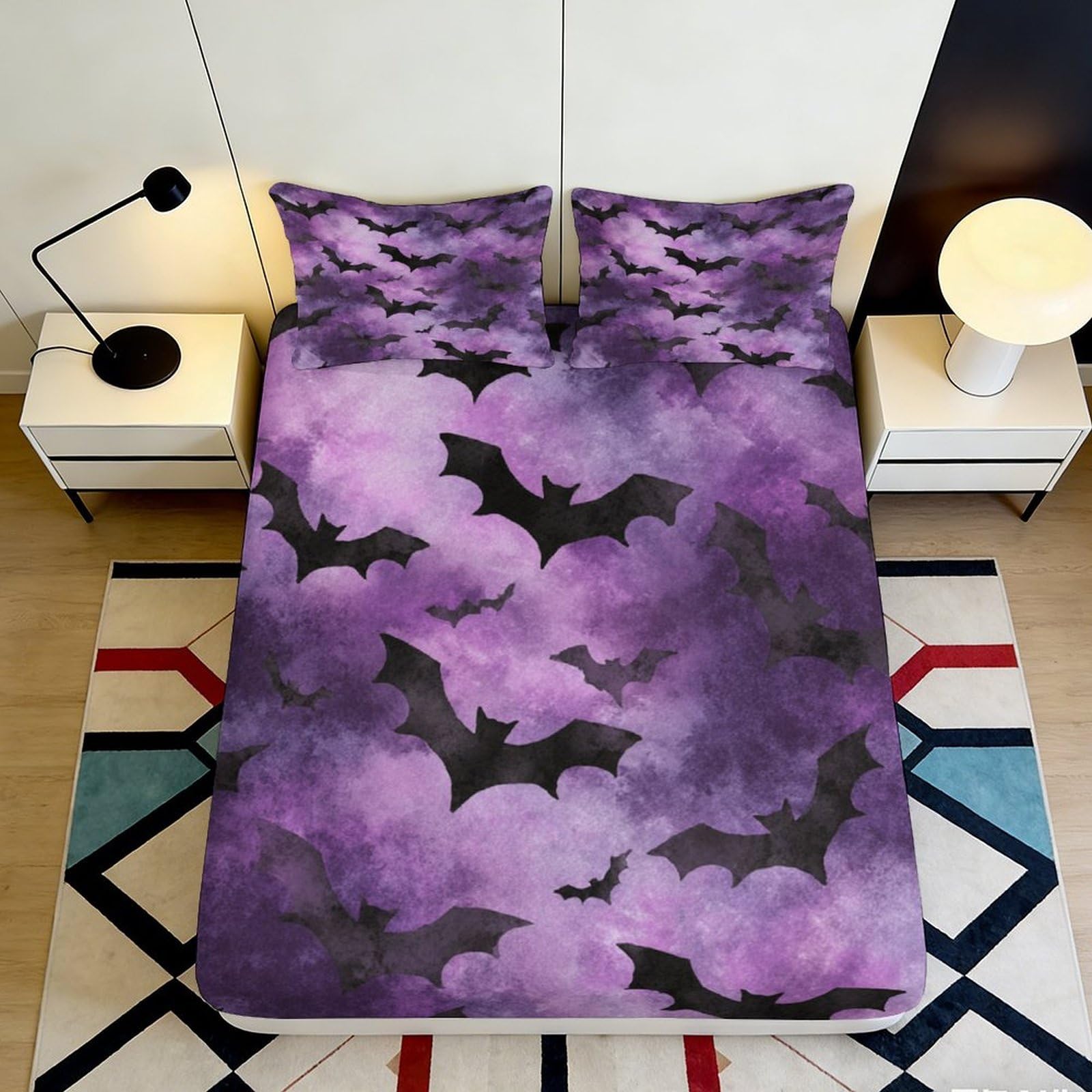 3D Printed Purple Bat Pattern Fitted Sheet Microfiber Soft Breathable Halloween Bed Cover for Bedroom Dormitory Guest Room Mattress Protection 120x200x25cm