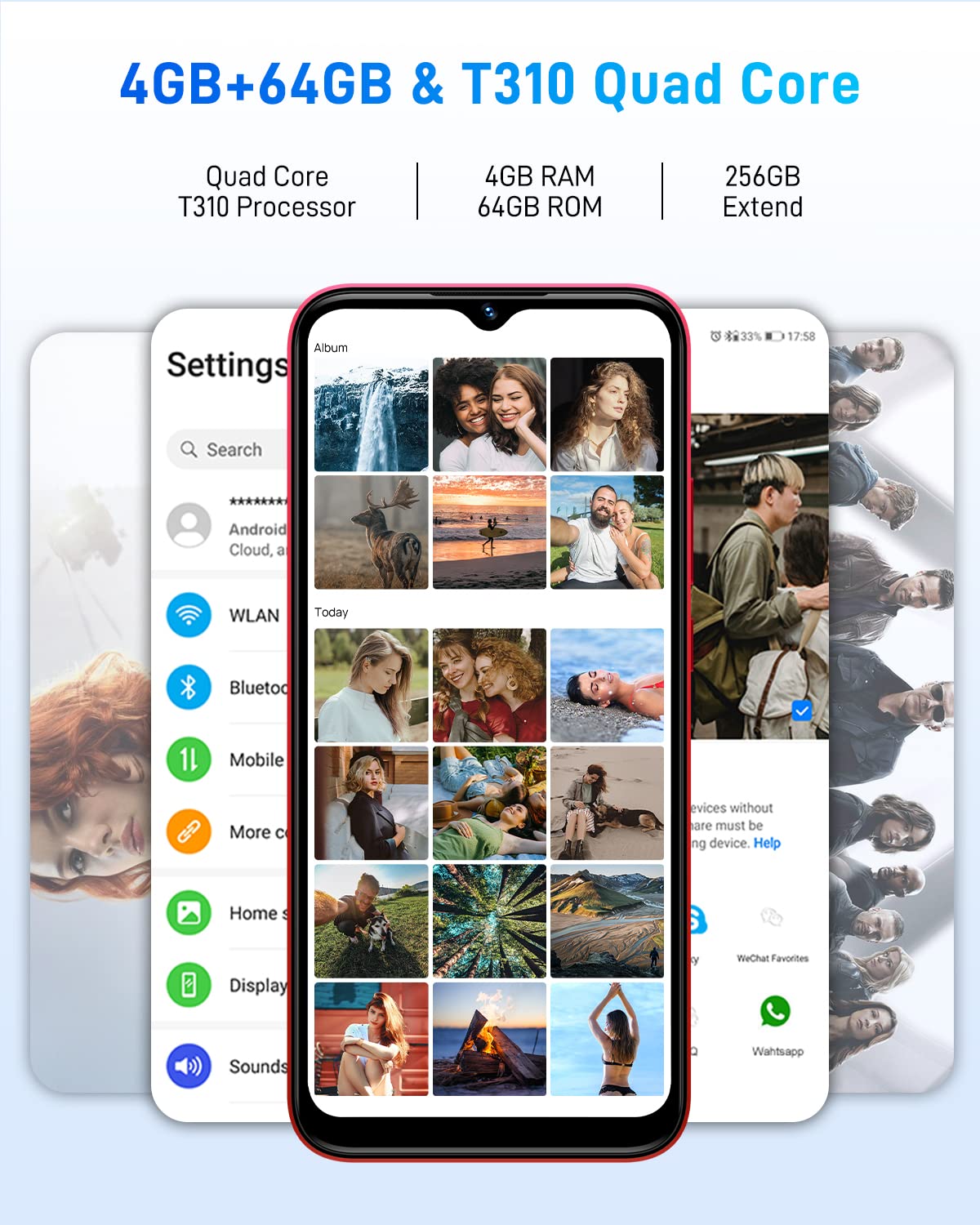 Android 11 Smartphone 4G, X96 Pro (2022) 6,52 cala HD+, 4 GB + 64 GB (SD 256 GB), telefon komórkowy, 5400 mAh, aparat Quad 13MP, Dual Nano SIM+ TF/Face ID/Fingerprint-czerwony