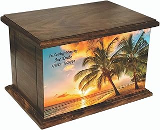 Peaceful Tropical Paradise Beach Sunset Human Adult Size Wooden Cremation Urn with Custom Personalization
