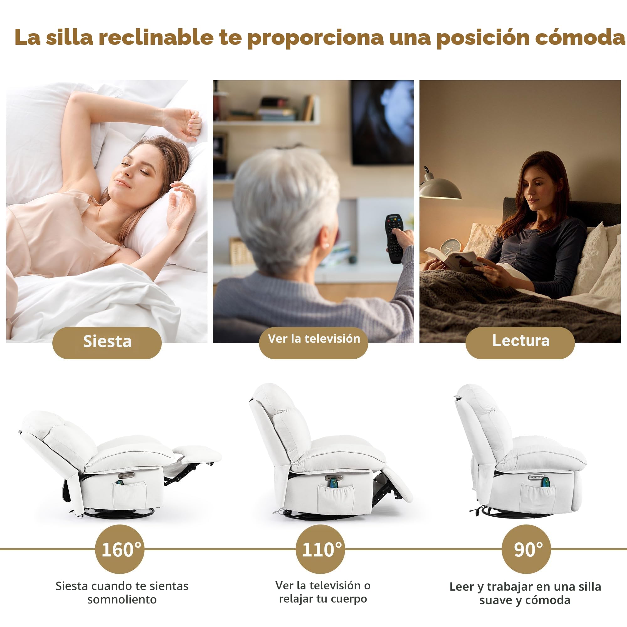 Sillón Relax Reclinable Eléctrico con Calefacción, Puertos de Carga USB-A y USB-C para Dormitorio, Salón, Estudio (Blanco)