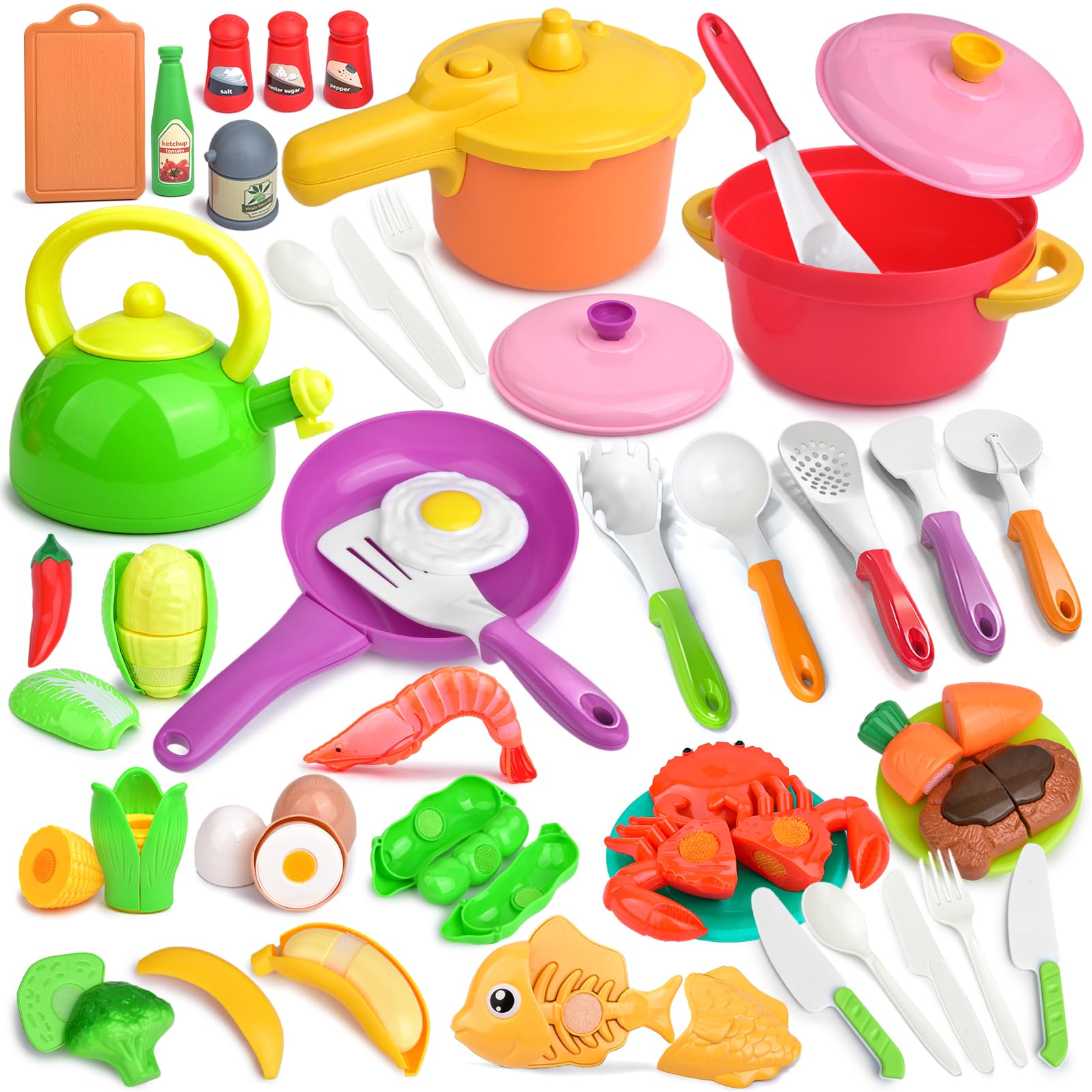 Kids Kitchen Playset, 66PCS Toddler Pretend Cooking Toys with Pots and Pans, Play Food, Utensils,Cookware, Play Food Set,Cutting Toys Fruit Veges,Educational Role Play Set for Kids Boys Girls (Pink)