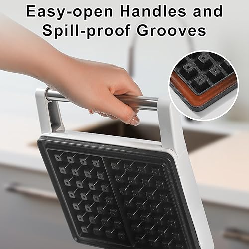 Miniatura 8 de UVFAST Máquina para hacer gofres belgas cuadrada grande, placa antiadherente de hierro para gofres antidesbordamiento, máquina de gofres gruesa para