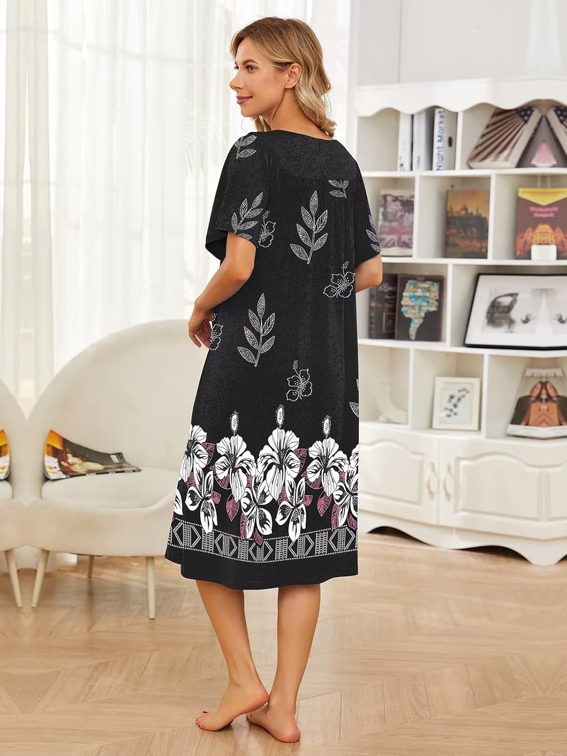 House Dresses for Women with Pockets Moo Moo Nightgown Short Sleeve Mumu Dress Lounge Dress S-5XL - Image 5