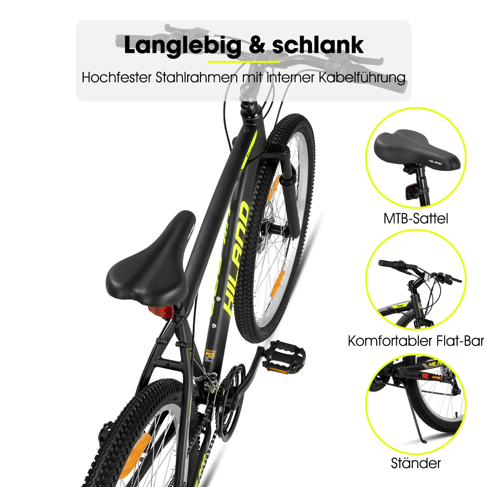 Hiland Rower górski 27,5", 18 biegów, dla mężczyzn i kobiet, MTB z podwójnymi hamulcami tarczowymi, 26", rower górski dla dorosłych z widelcem amortyzowanym, MTB dla mężczyzn i kobiet, żółty