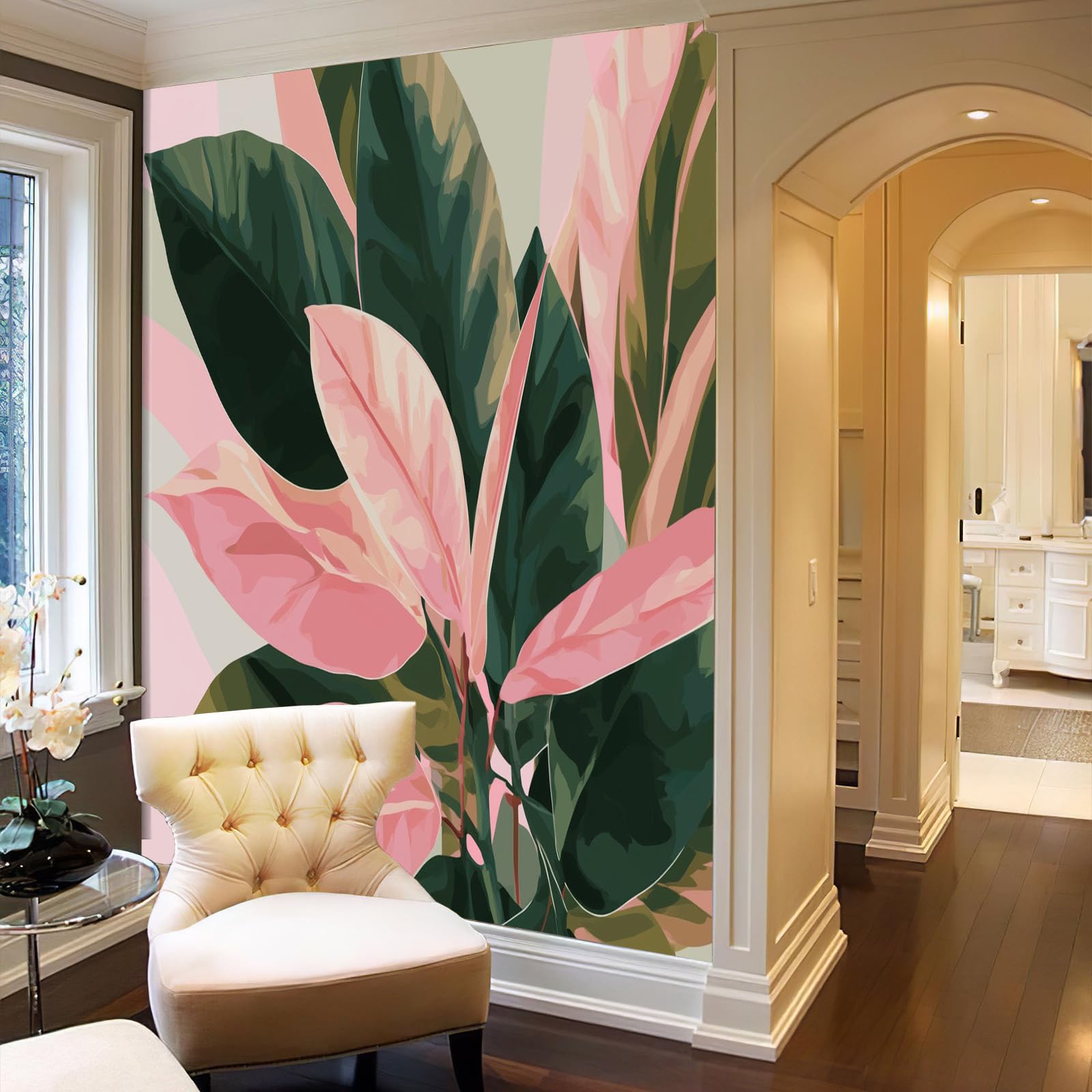 Papier Peint Motif Feuilles De Bananier Aquarelle Tapisserie Panoramique Grand 3D Plantes Exotiques Poudre Blush Papier Peint Soie Pour Salon Chambre Chambre D'Enfant Décoration Murale, 300X210Cm