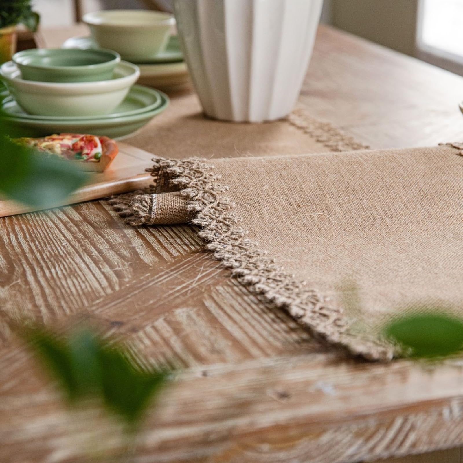 Moderne Tischläufer Wohnzimmer Jute, Tischläufer Hochzeit 30x220 cm, Uni Gewebt mit Quasten