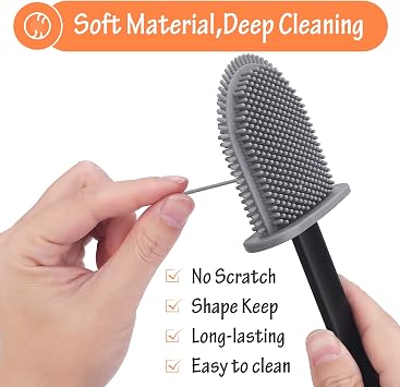 Rainberg 2 Pack, Silicone Toilet Brush and Holder Set, with Non-Slip Long Handle, Soft Flexible Bristles, Anti-Drip Base, Wall Mounted Toilet Brush Bathroom Cleaning, Hygienic Design (Black & Grey)