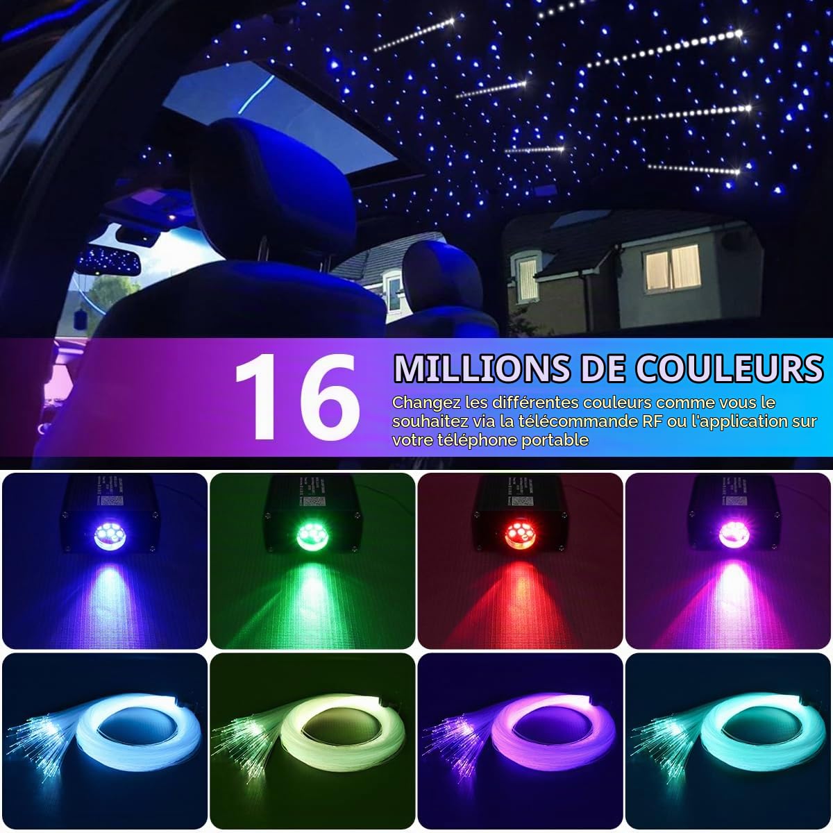 16W RGBW Starry Sky Meteor Fibre Optique Lumineuse pour Voiture/Plafond, 600pcs 0.03in 9.8ft Câble, LED Fibre Optique Star Plafonniers avec Shooting Star Light, App/Télécommande