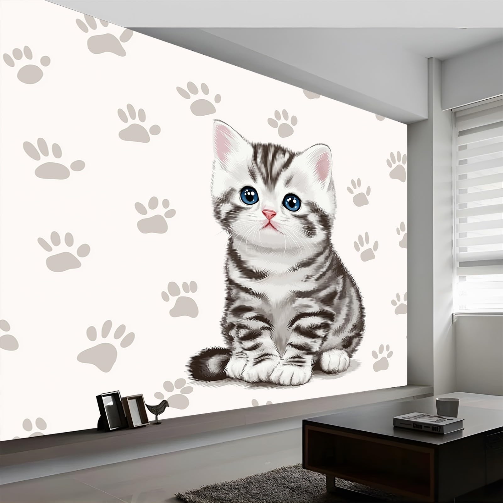 Uroczy kot tapeta ścienna, odciski łap dekoracja ścienna do sypialni meble do salonu, szara 250 x 175 cm wodoodporna tapeta do łazienki kuchni biura ściany