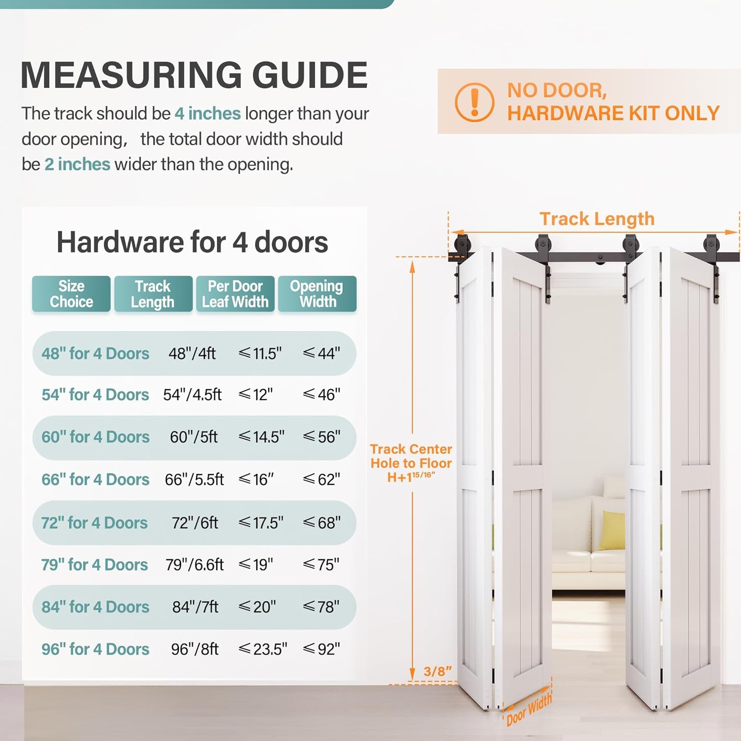 WINSOON Kit de quincaillerie pour porte coulissante pliante | Pour Porte Intérieure en bois rail plat en acier au carbone, installation facile, rouleau fluide et silencieux, sans porte