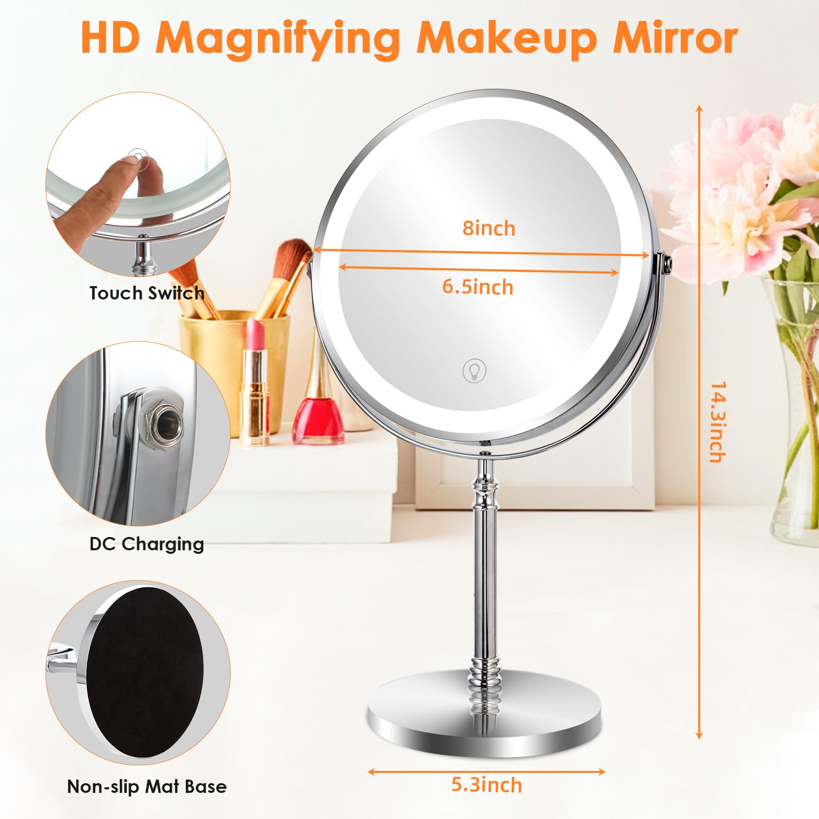 Espejo de maquillaje de aumento de 8 pulgadas con luz, espejo de maquillaje de rotación de 1X/10x 360 con iluminación, recargable de 3 luces de color, espejo de tocador de pie libre, espejo