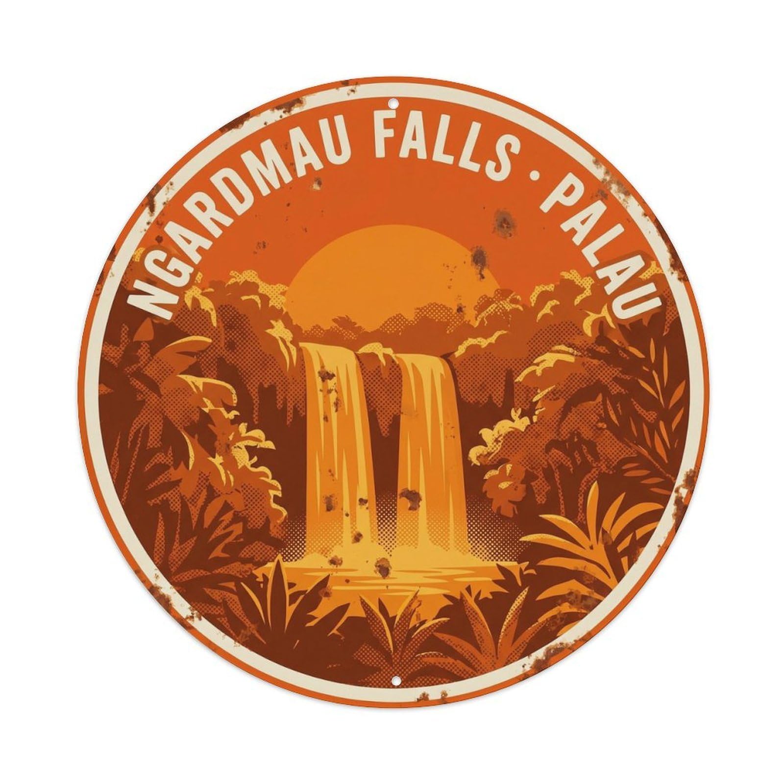 Olyhtr 8X8inch Classic Style Palau Ngardmau Waterfall Sunset Jungle Travel Orange Metal Tin Sign