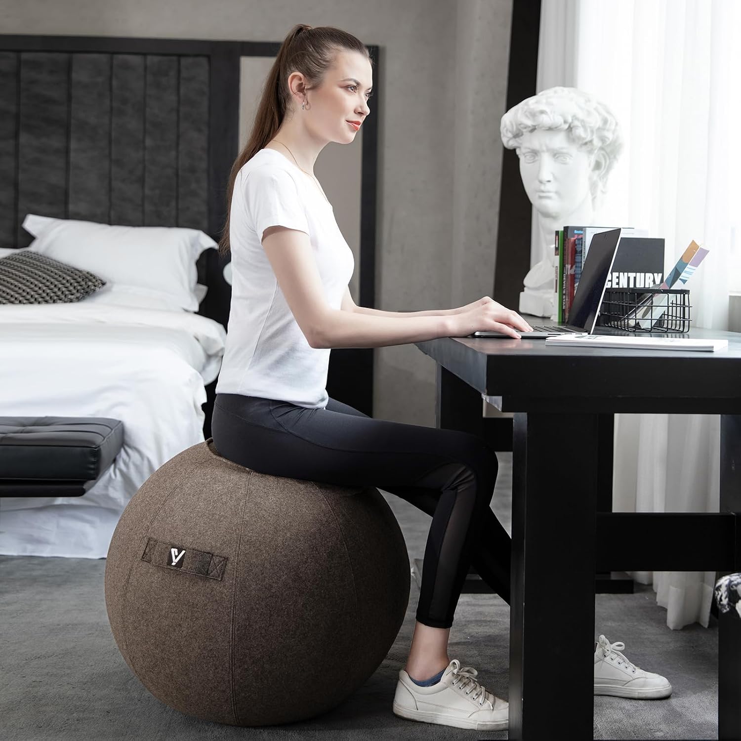 Sitting Ball Chair for Office and Home, Pilates Exercise Yoga Ball with Cover for Balance, Stability and Fitness, Ergonomic Posture Exercise Ball Seat with Handle and Pump