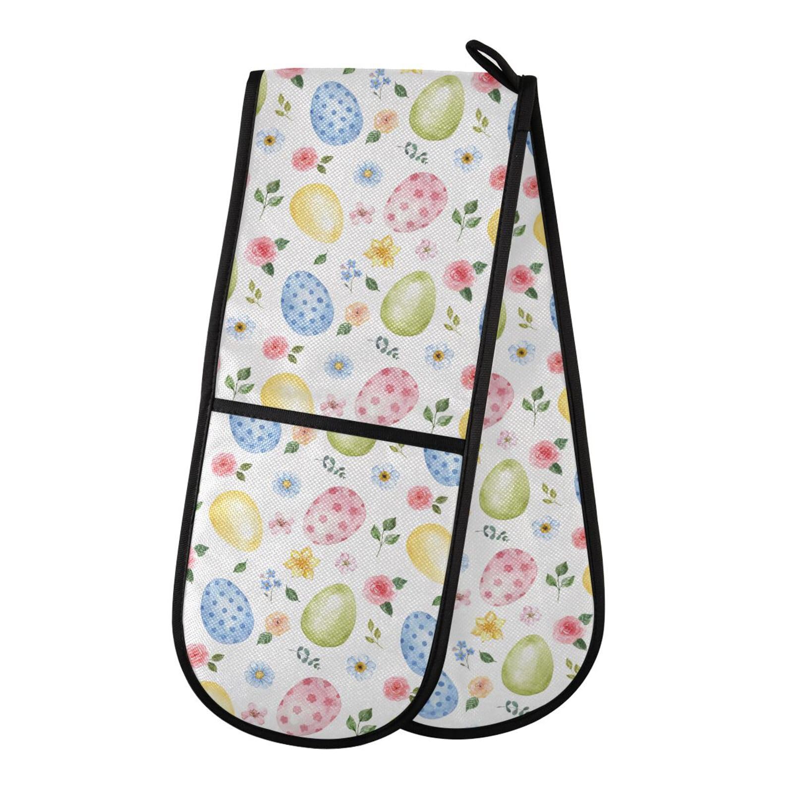 Double Oven Gloves Watercolor Easter Eggs Spring Flowers Heat Resistant Pot Holder Oven Mitt Gloves for BBQ Cooking Baking Grilling Microwave