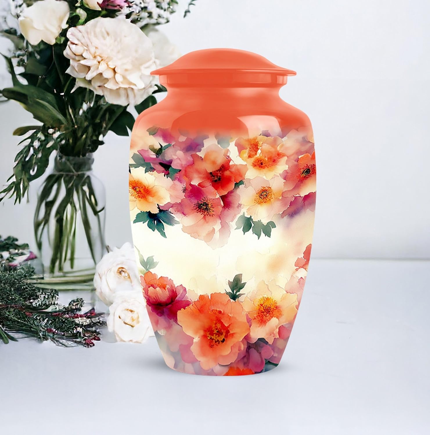 Flowers Urn, 10 Inch Urn, Large Urn for Ashes, Urn for Ashes Adult Male, Urn for Women, Funeral Urn, Memorial Urn, Burial Urn, Urn for Human Ashes, Urn for Mom, Orange Urn