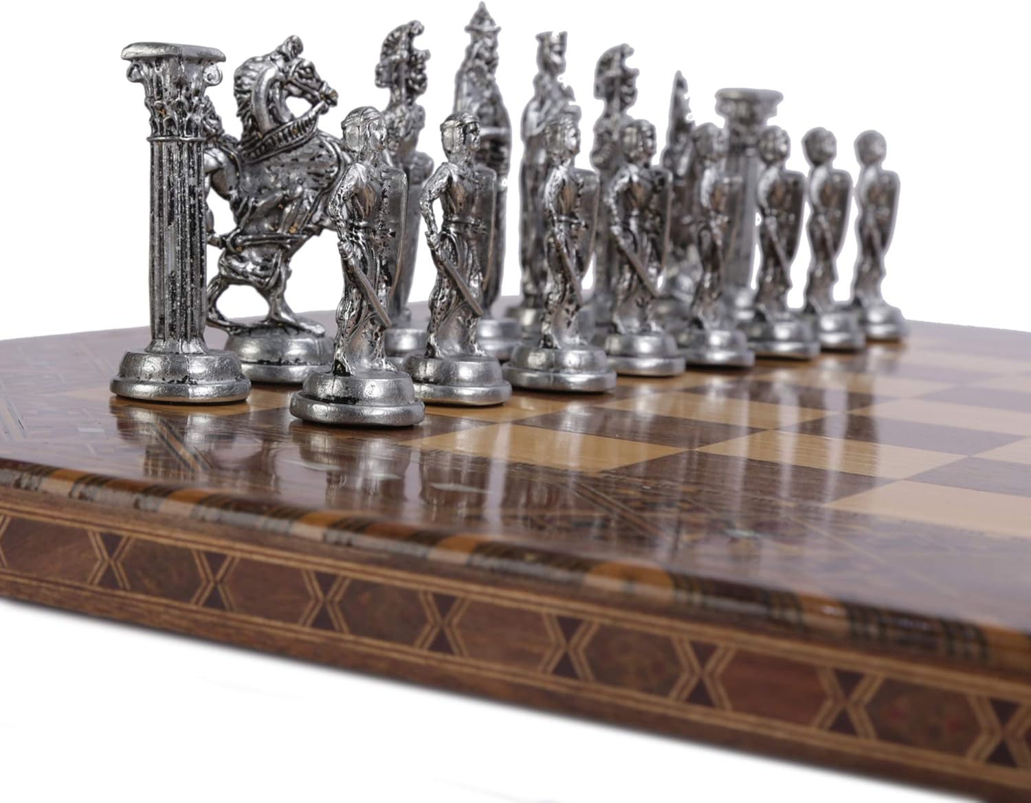 Medieval British Army Antique Copper Metal Chess Set for Adults,Handmade Pieces and Natural Solid Wooden Chess Board,Original Pearl Around Board King 3.35inc