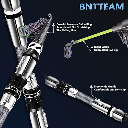 Miniatura 4 de Juego de caña de pescar giratoria y carrete portátil, caña de pescar de fibra de carbono con punta fluorescente, con línea de señuelos de pesca,