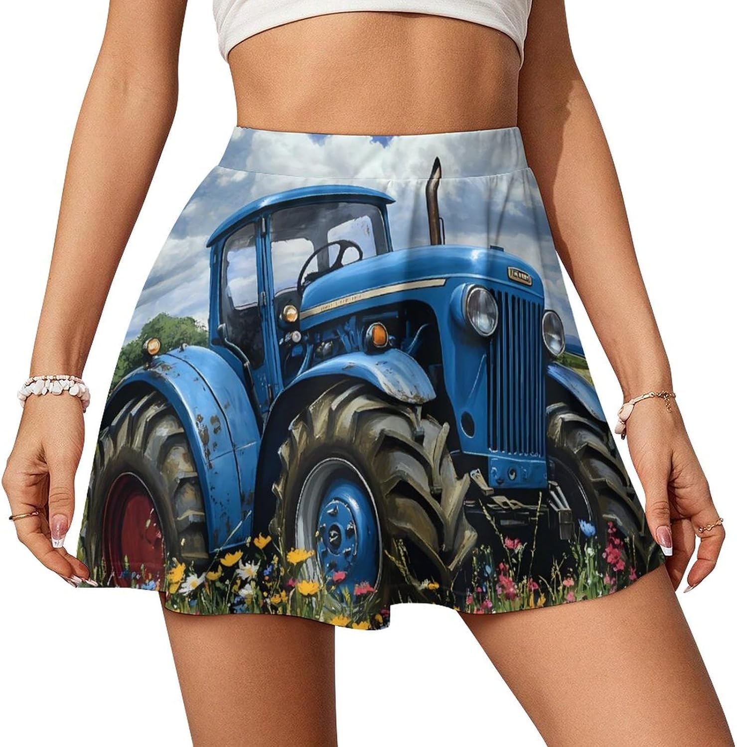 Blue Tractor Farm Flower Women Tennis Skirt Print Golf Skirts Mini Casual Workout Skorts