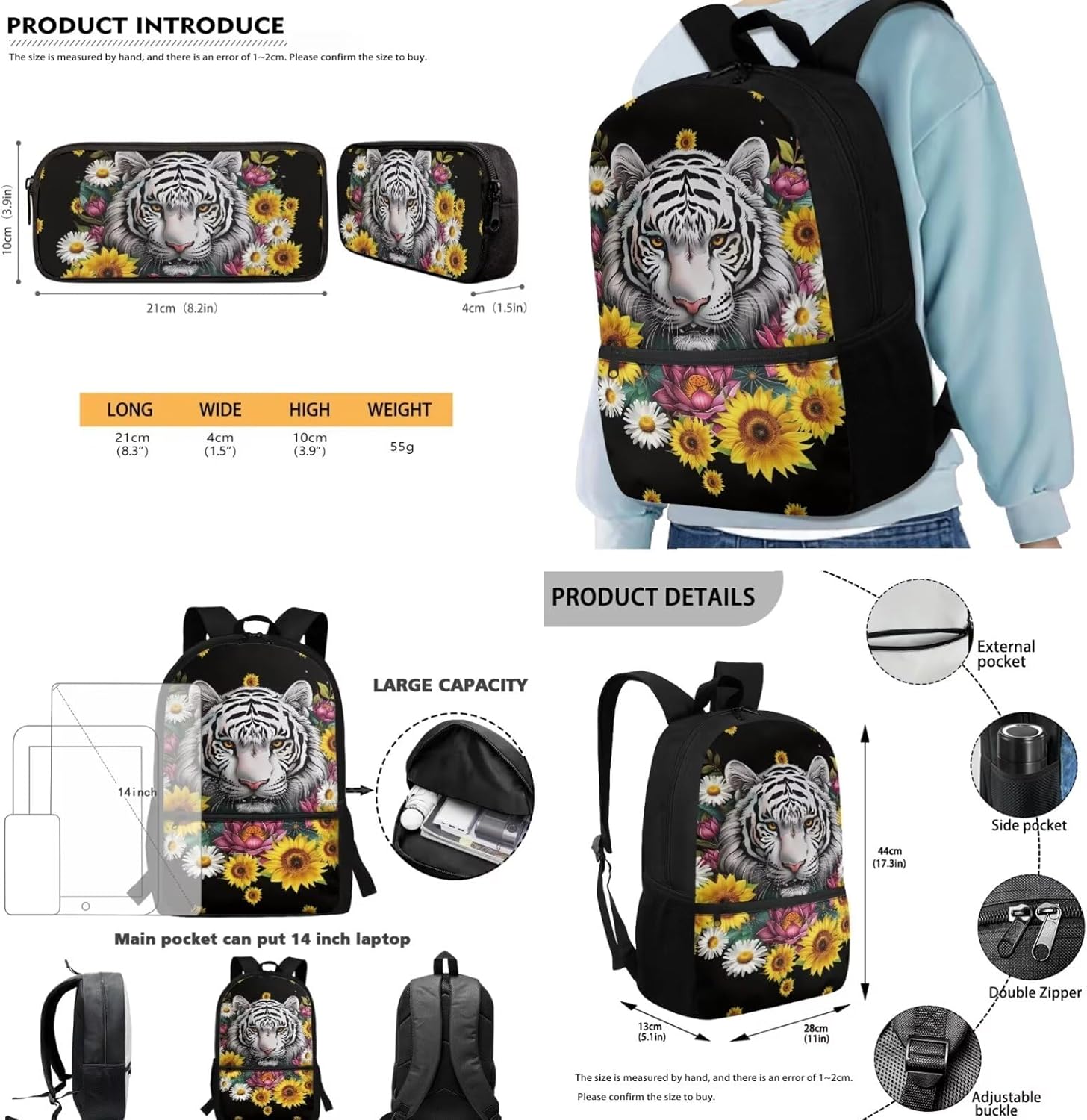 White Tiger Printed School Backpacks Sunflower Daisy Backpack Set with Insulated Lunch Bag Pencil Case for Boys Girls Lightweight School Bookbag Set for Elementary Preschool