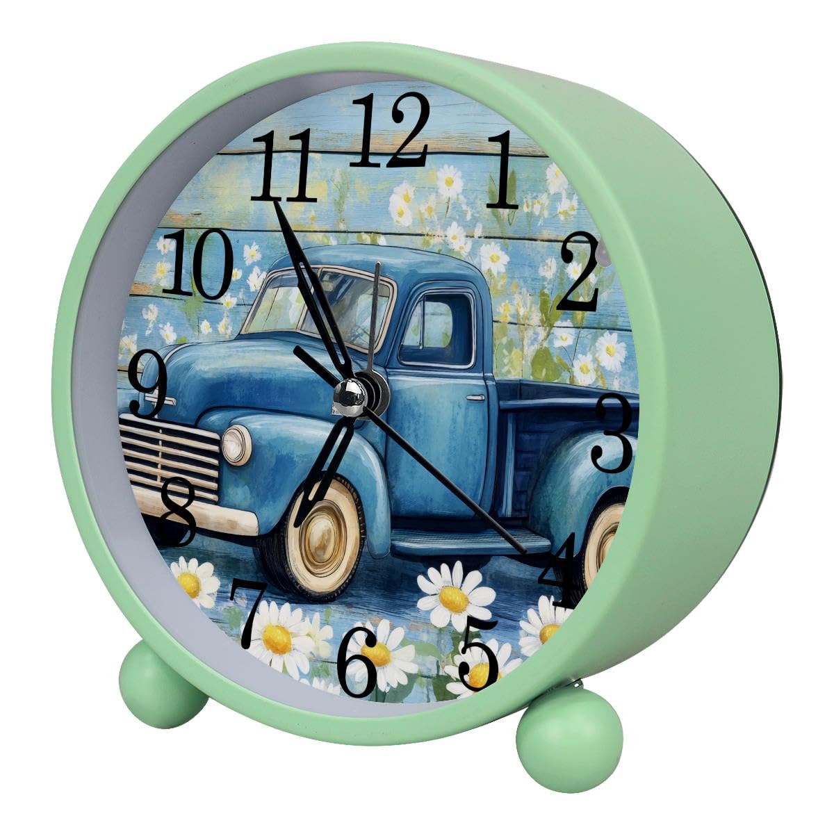 Luoweisi Alarm Clock Daisies Truck on Rustic Plank, Silent Non-Ticking with Night Light