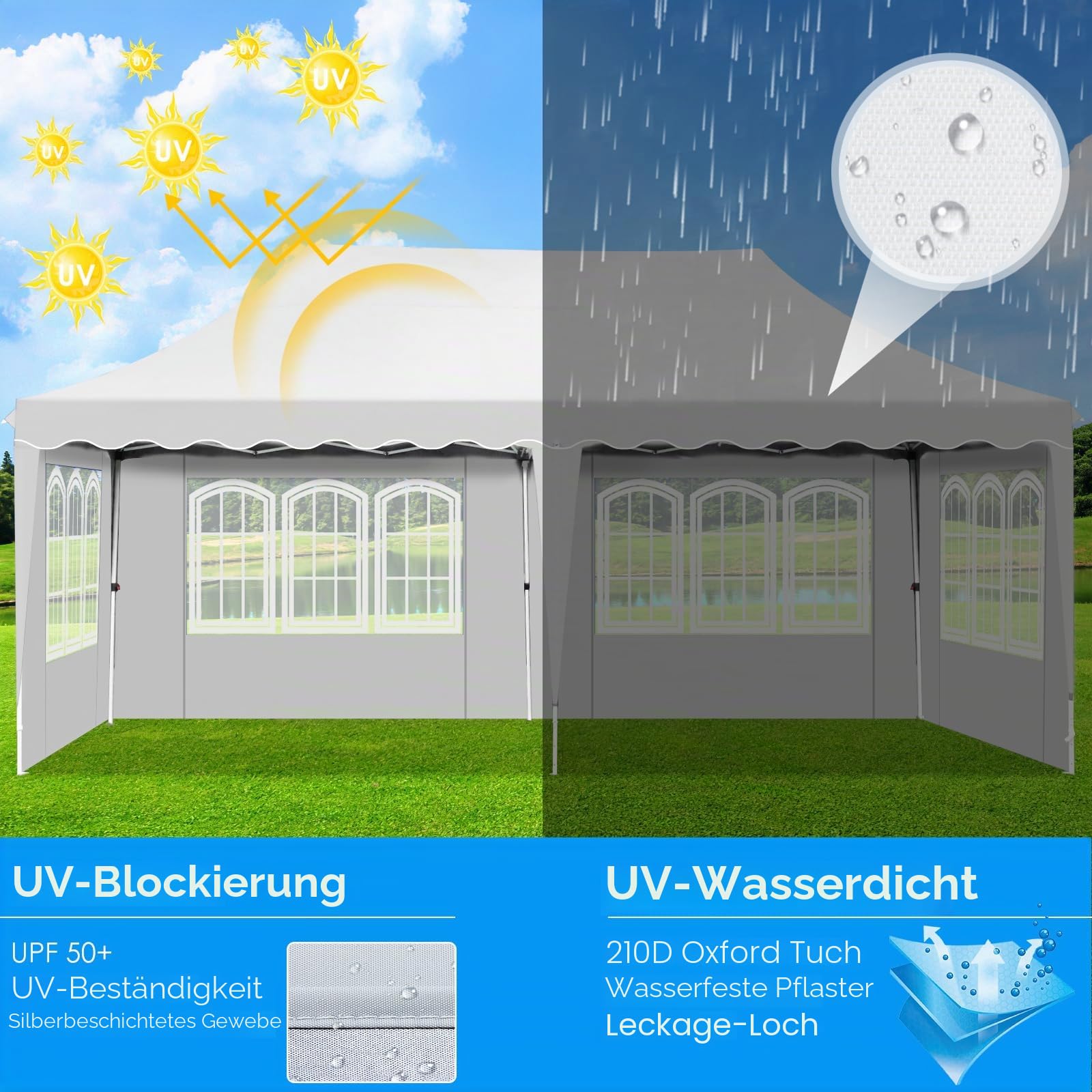 Pavillon 3x6, 290-300-310CM Hoch, Faltpavillon 3x6 Wasserdicht Stabil, UV Schutz 50+, Partyzelt mit 6 Seitenwänden, 12 Erdhaken 6 Seile und 6 Sandsäcke, Pavillon für Camping Hochzeiten Markt, Weiß
