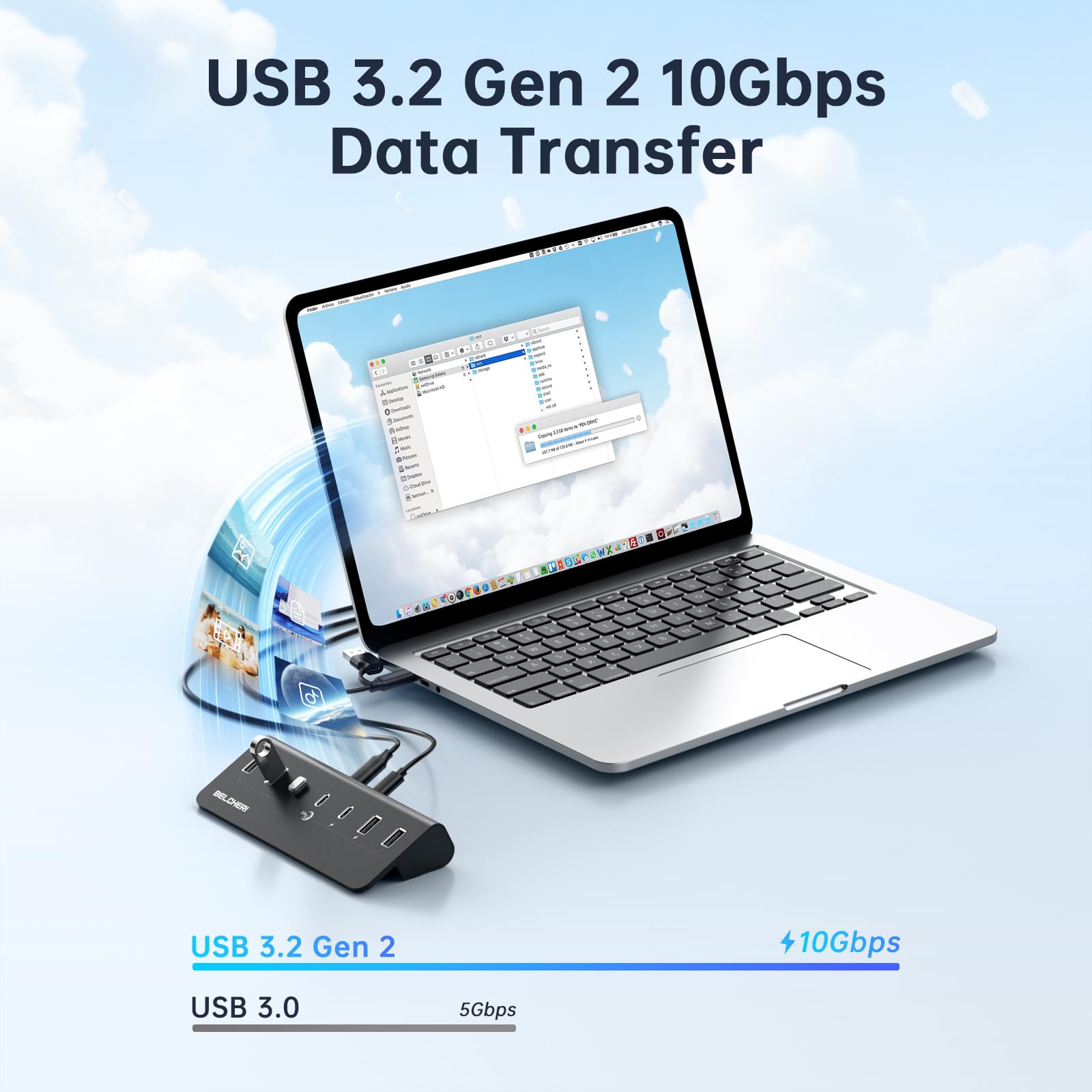 Hub USB C a 7 porte con alimentatore, USB 3.2 Gen 2, 10 Gbit/s ad hub, splitter di prolunga in alluminio con alimentatore da 5 V 3 A, 3 porte USB C e 4 porte USB-A, supporta la ricarica BC1.2