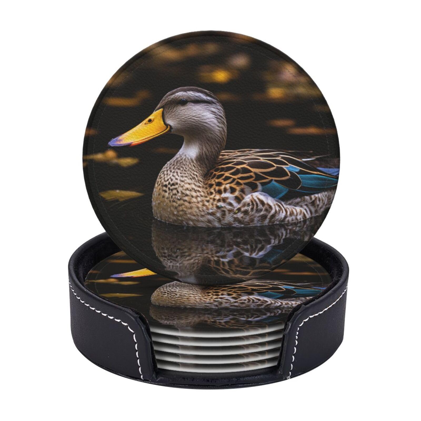 Coasters Set of 6 Leather Drink Coasters with Holder Duck in Pond Coasters for Drinks Heat Resistant Coaster Round Coffee Cup Mat Pad for Kitchen Office Home Decor