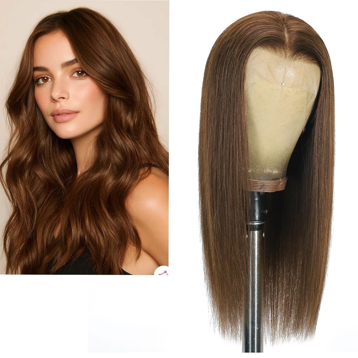 peruka typu lace front, włosy prawdziwe, kolor jasnobrązowy 6#, gładkie 100% Remy, włosy ludzkie, koronkowa podszewka (33x10cm), wyprzężone z małymi włoskami, długość 35,5 cm