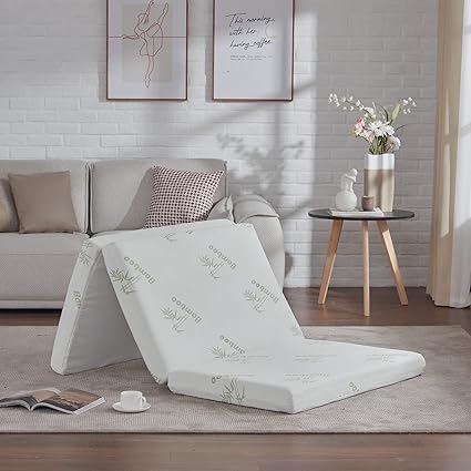 SINWEEK Memory Foam Folding Mattress, 4 Inch Foldable Trifold Mattress Topper, CertiPUR-US Certified Guest Bed with Cooling Cover & Waterproof Lining