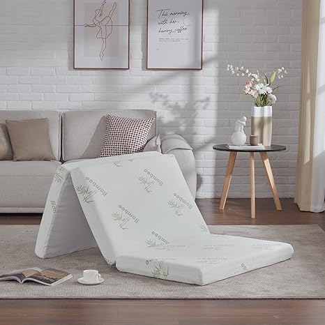SINWEEK Memory Foam Folding Mattress, 4 Inch Foldable Trifold Mattress Topper, CertiPUR-US Certified Guest Bed with Cooling Cover & Waterproof Lining