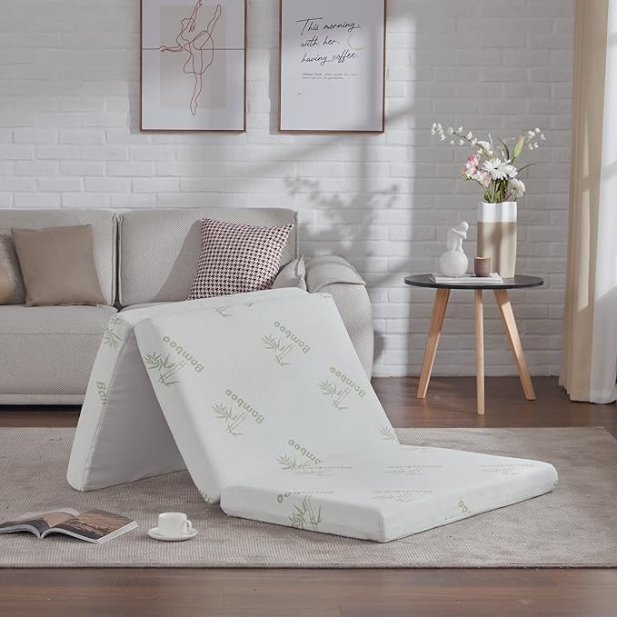 SINWEEK Memory Foam Folding Mattress, 4 Inch Foldable Trifold Mattress Topper, CertiPUR-US Certified Guest Bed with Cooling Cover & Waterproof Lining