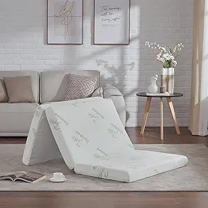 SINWEEK Memory Foam Folding Mattress, 4 Inch Foldable Trifold Mattress Topper, CertiPUR-US Certified Guest Bed with Cooling Cover & Waterproof Lining