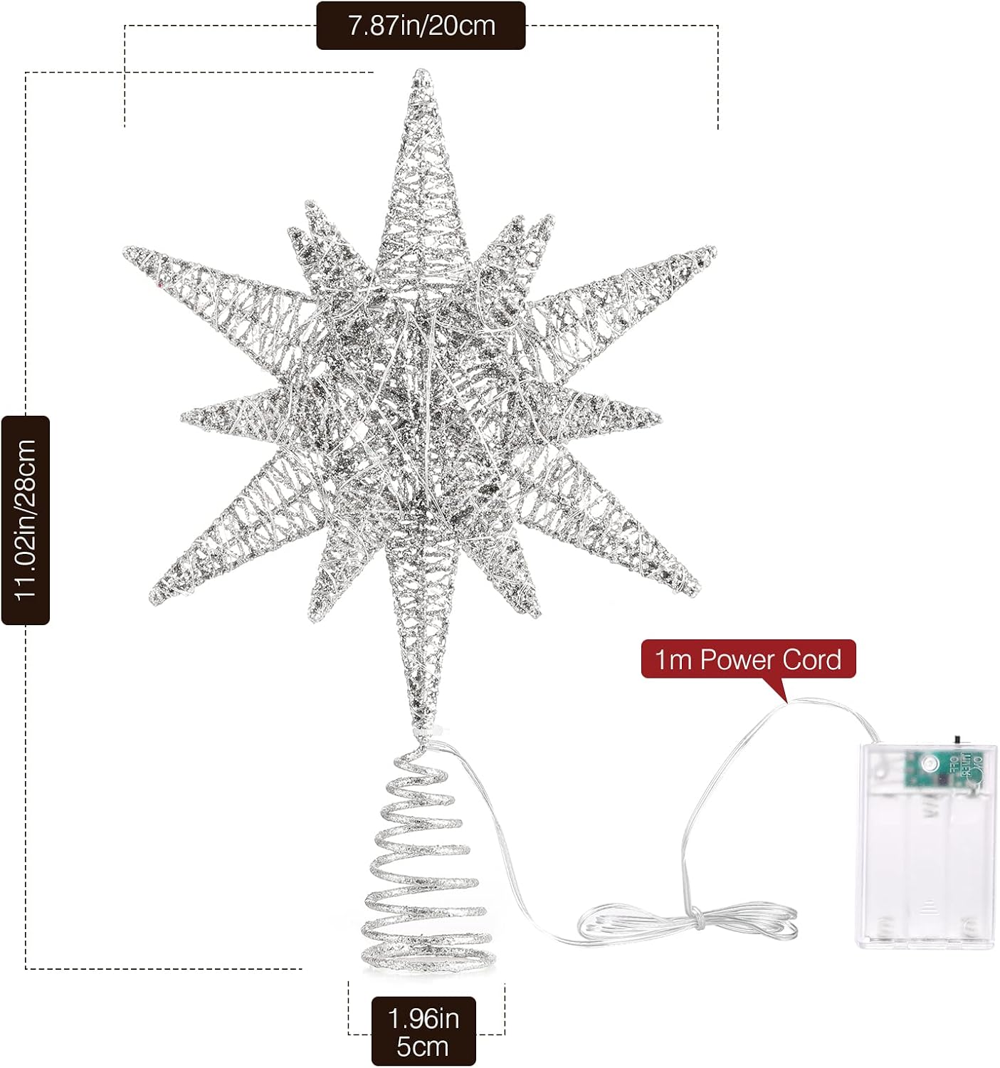 Lewondr Christmas Star Tree Topper, 11 Inch Battery Powered Multilayer Hexagonal Tree Toppers Christmas Decorations with Twinkling LED Beads for Home Holiday Xmas Decor, Timer Function, Silver