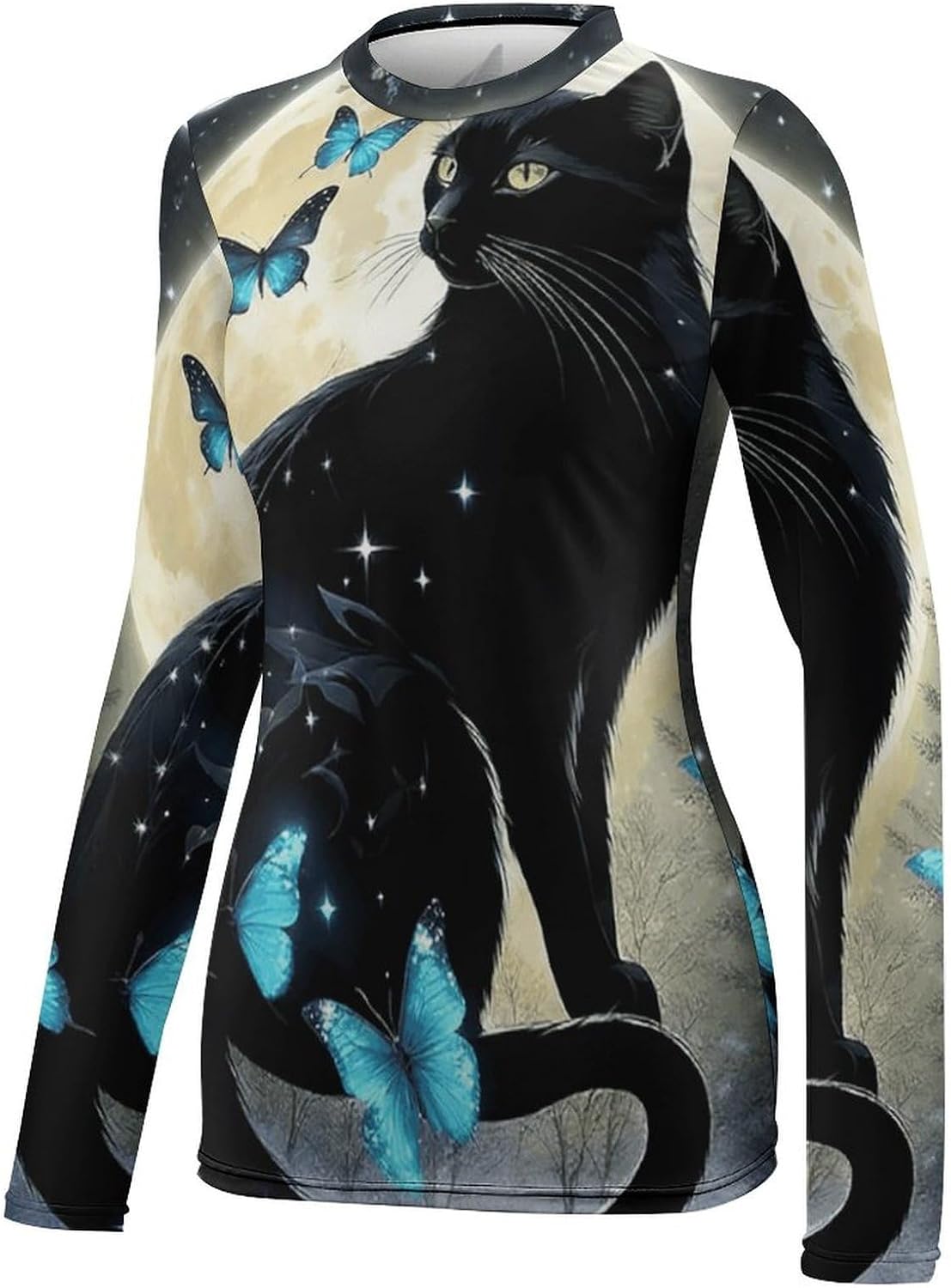 Black Cat Under The Moon Rash Guard for Women UPF 50+ UV Sun Protection | Long Sleeve Workout Top Quick Dry Athletic Hiking Shirt Moisture Wicking Swim Shirt for Running, Cycling, Swimming