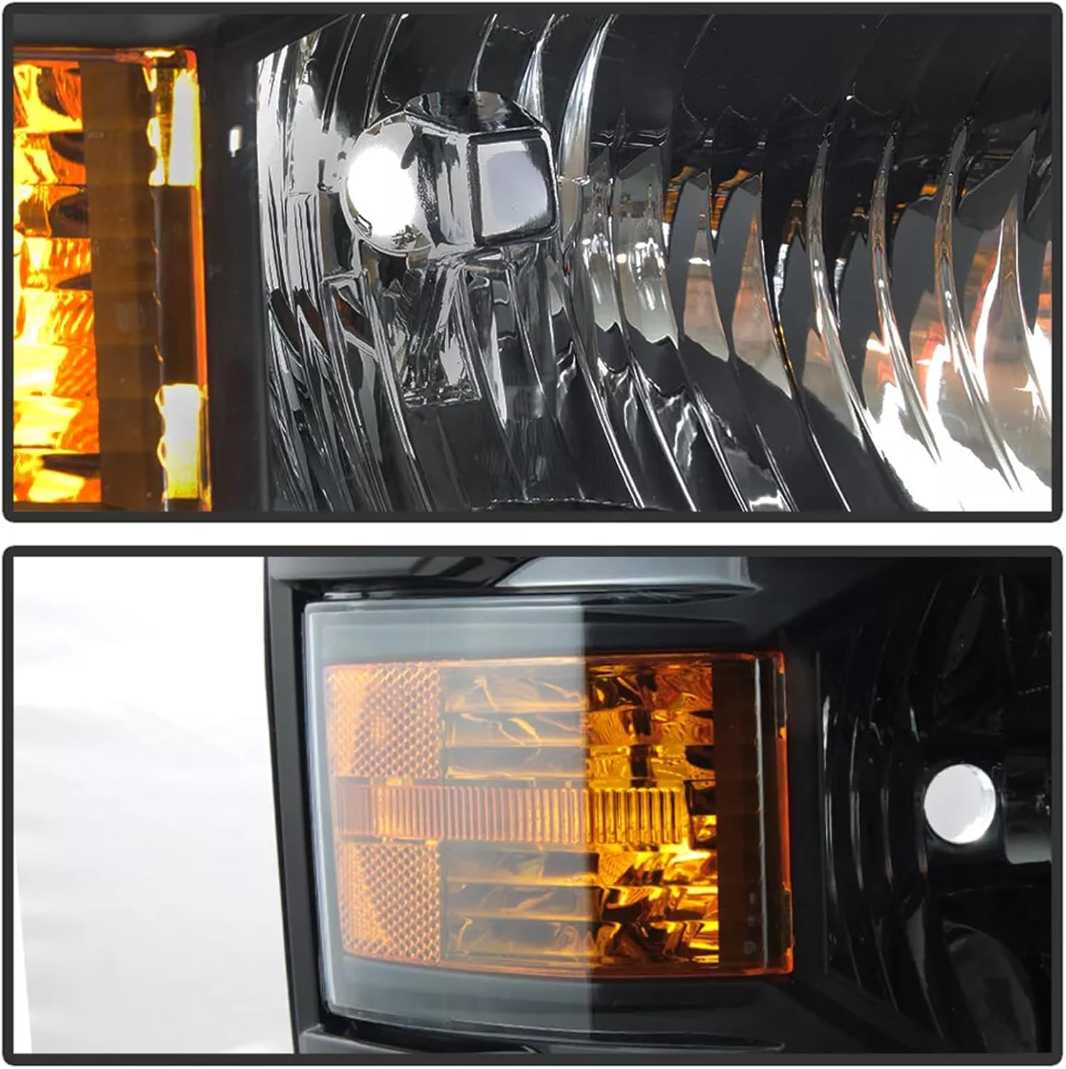Headlight Assembly Compatible with 2014-2015 Chevy Silverado 1500 Headlights Headlamps Left+Right 14-15 Lights (GLOSS BLACK FRAME+BLACK INNER+AMBER SIDE)