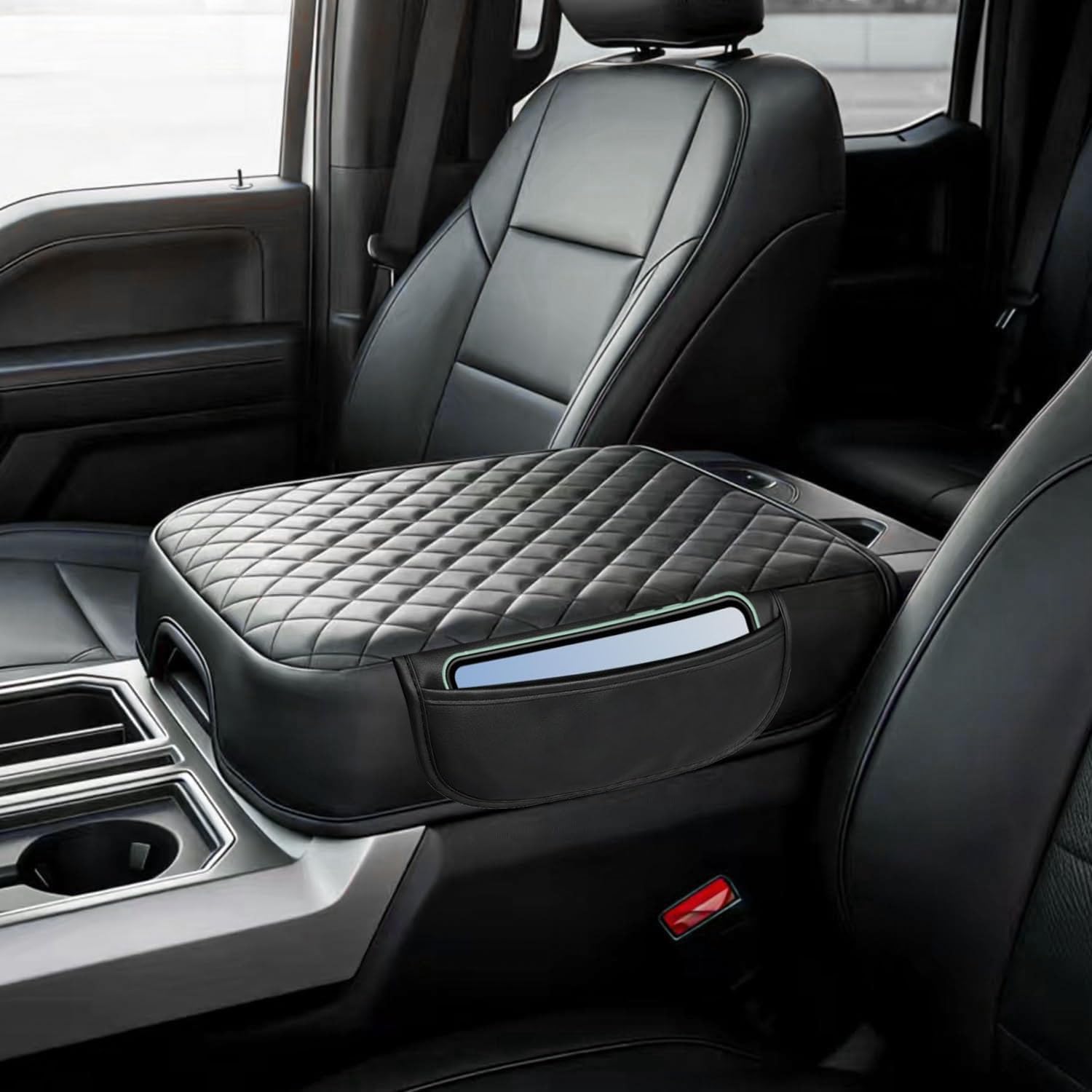 Thickened Center Console Armrest Cover with Side Pocket for 2023-2026 F250 F350 F450 F550 Super Duty, Bucket Seat, Leather Trim, Arm Rest Lid Cushion Protector, Anti-Scratch, Black