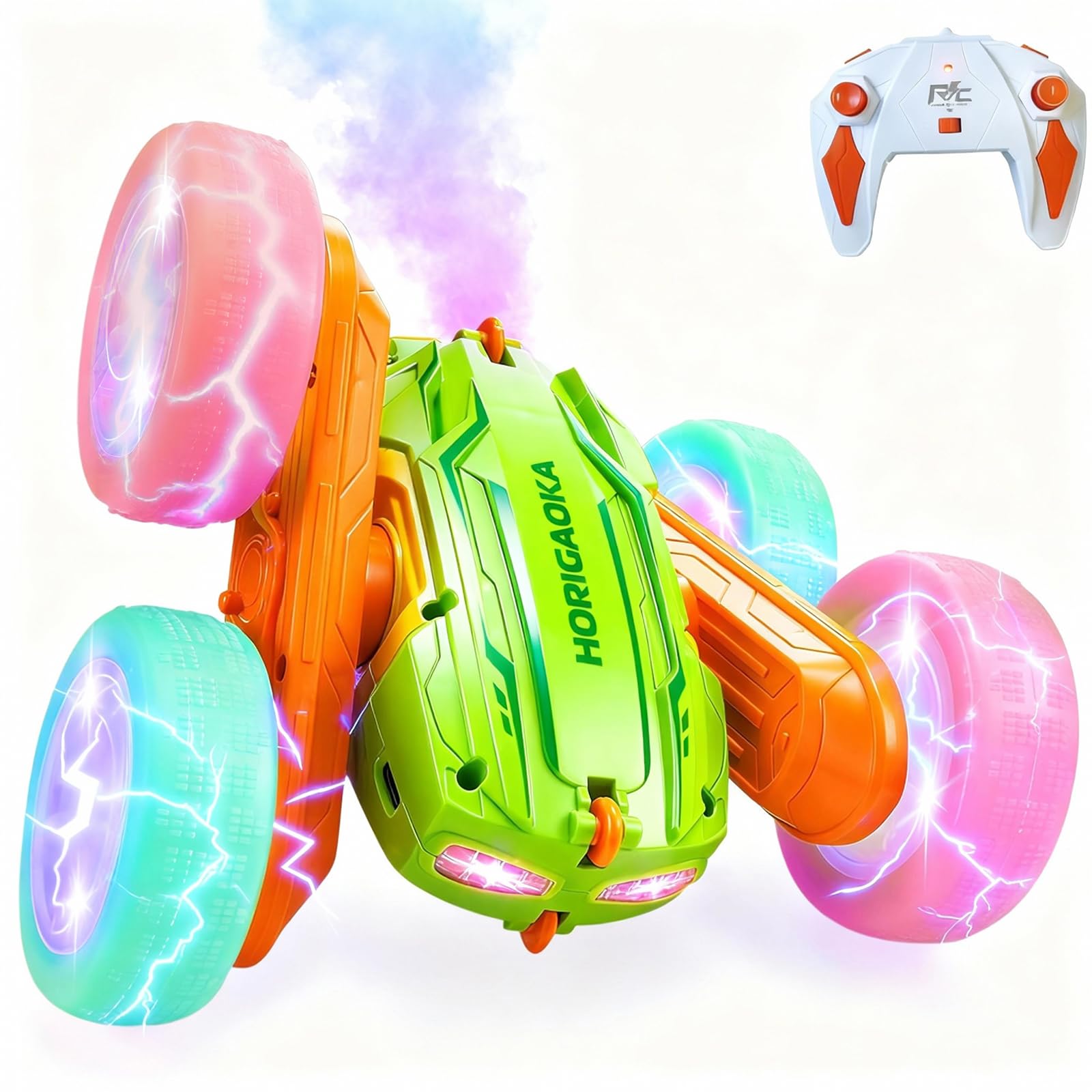 Fantocemea Coche Teledirigido, Luces LED Geniales, Coche RC con Efecto de Niebla, 2.4 GHz 360° Giro de Doble Cara, Regalo de Acrobacias para Niños de 6 a 12 Años(Verde
