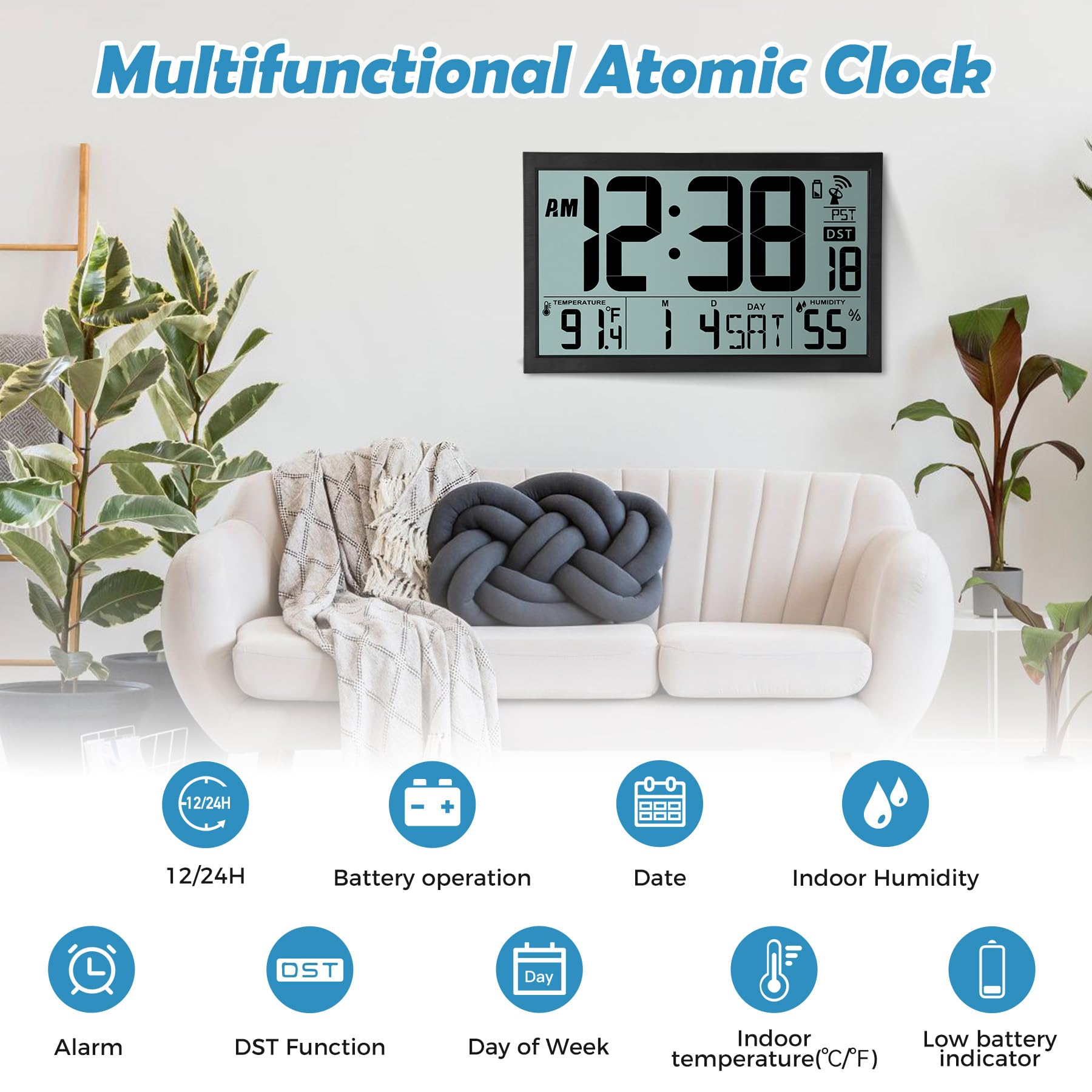 SZELAM Reloj de Pared Digital atómico con retroiluminación, Reloj de Pared Digital Grande de 15 Pulgadas, Reloj Digital de Pantalla Grande con día, Fecha y Temperatura