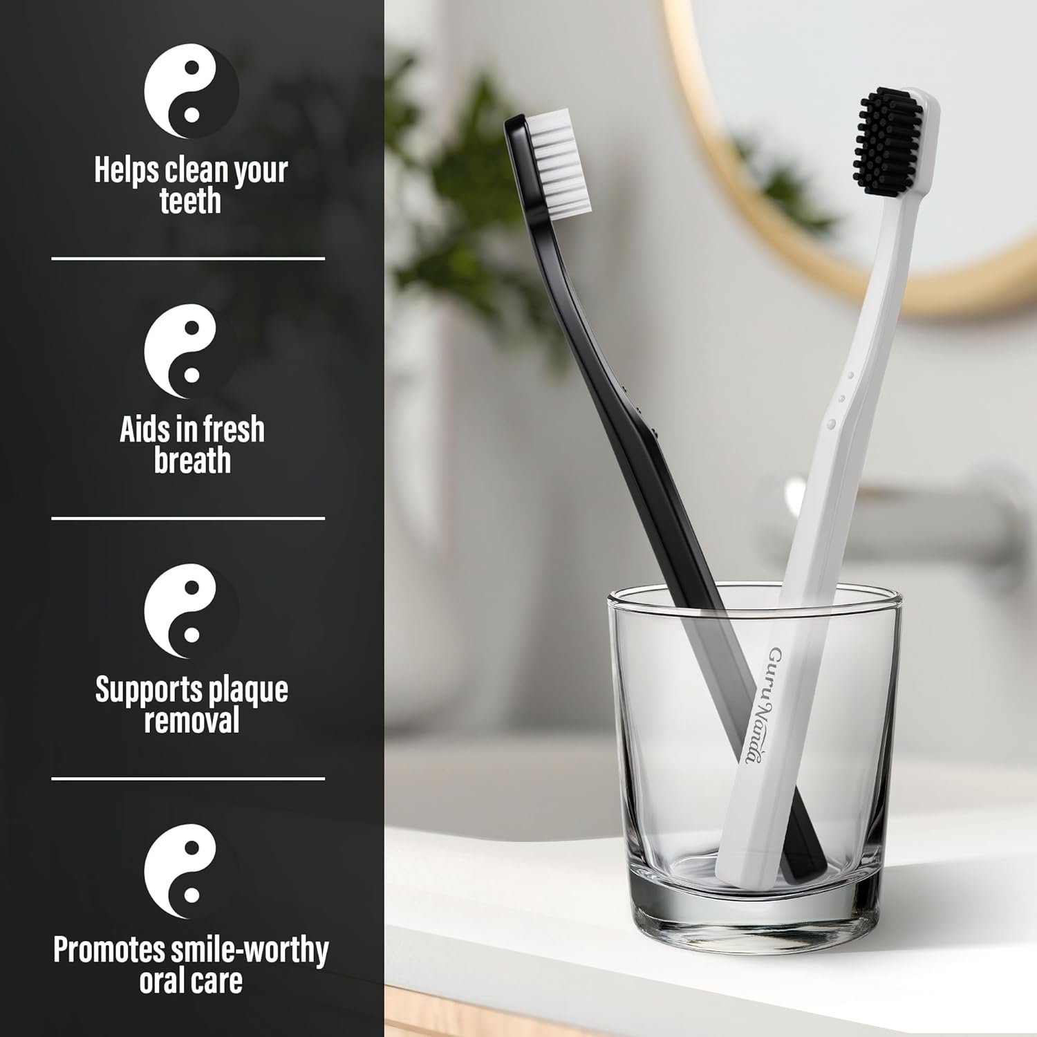 GuruNanda Yin & Yang Toothbrush with Extra Soft Bristles, Promotes Gentle, Balanced Oral Hygiene for a Brighter & Happier Smile, Eco Friendly, BPA Free, 2 Count (Pack of 4)