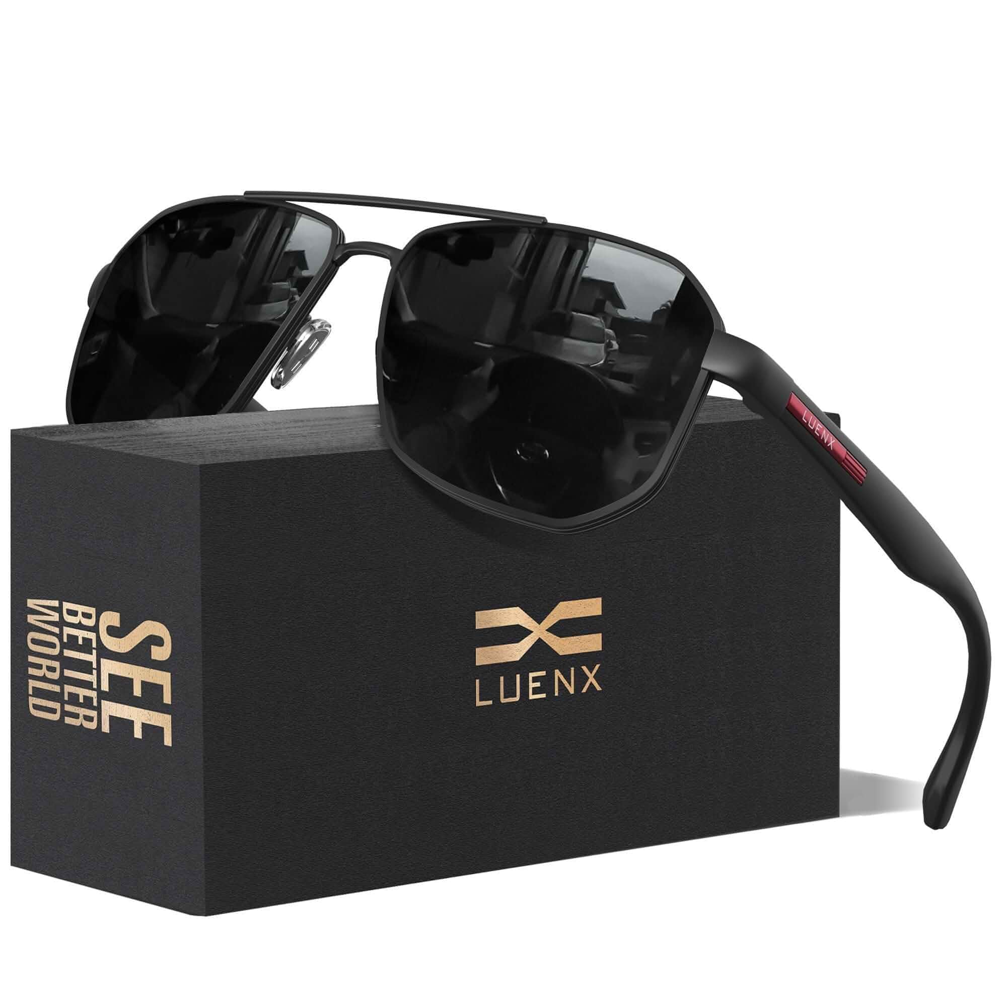Luenx Aviator Polarized Sunglasses for Men: Square UV400 Driving Big Head Fit,Lightweight,Adjustable Nose Pads,Anti-slip,Impact-resistant,Scratch-Resistant,Gift-Ready Set