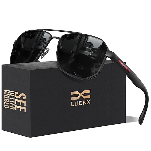 LUENX Óculos de sol aviador masculino com lentes polarizadas quadradas de polígono – Proteção UV 400 com acessórios