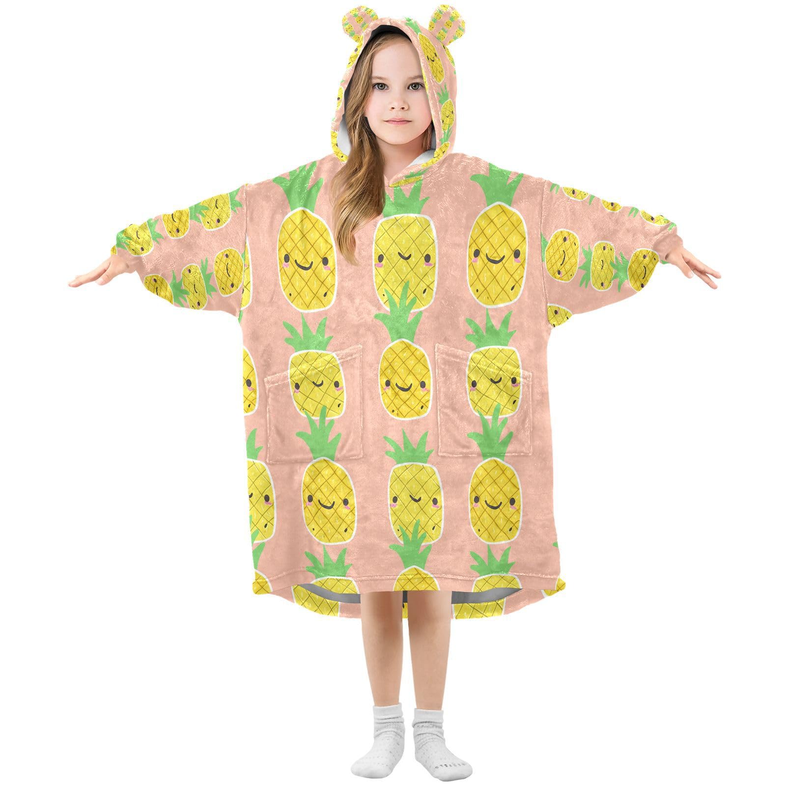 Ttgoth Pineapples Wearable Blanket Hoodie for Kids Oversized Hooded Blanket Warm & Cozy Sweatshirt with Pockets