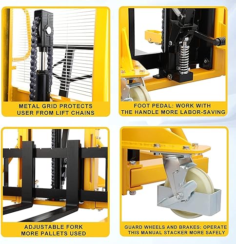 Miniatura 5 de DMC-FPPS 1100lbs Capacidad Apilador de Palets Manual, 63" Altura de elevación hidráulica, 7.9"-29.3" Horquillas ajustables de ancho, Carretilla