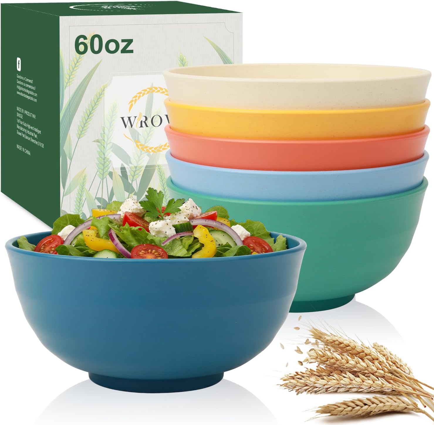 Wrova Large Cereal Bowls Set of 6, Unbreakable Wheat Straw Bowls 60oz, Microwavable Bowls for Popcorn,Soup,Dinner, Reusable Plastic Big Bowls for Picnic,Kitchen- Vibrant Series