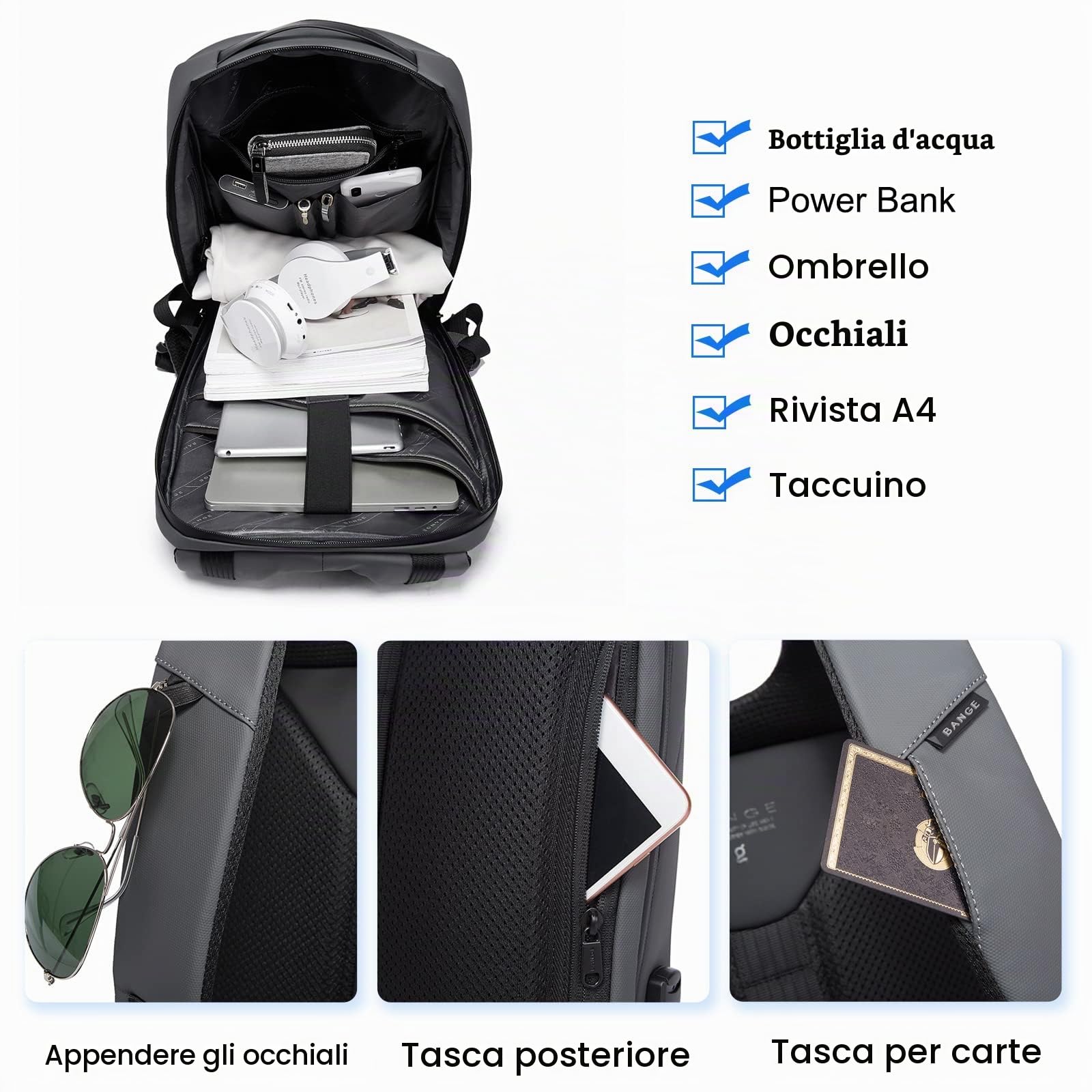FANDARE Antifurto Zainetto Scuola con Porta USB Zaino per 15.6 Pollici PC Portatile da Uomo Donna Borsa Daypacks per Business Viaggio Lavoro Impermeabile Nero