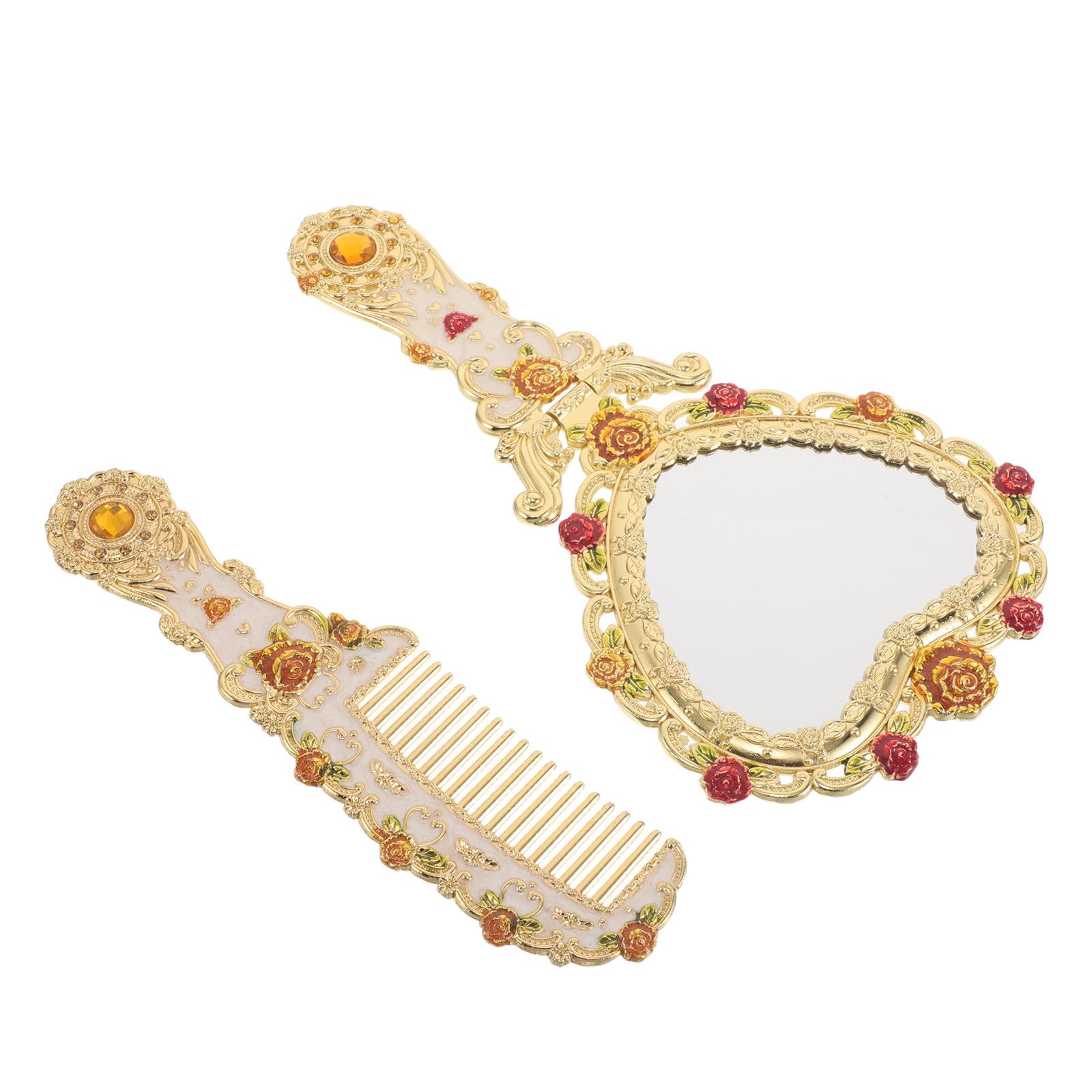 Healvian Espejo Plegable de Mano en Forma de Vintage con Peine de Metal Dorado, Portátil y Elegante Diseño Clásico para Maquillaje en y Uso Diario