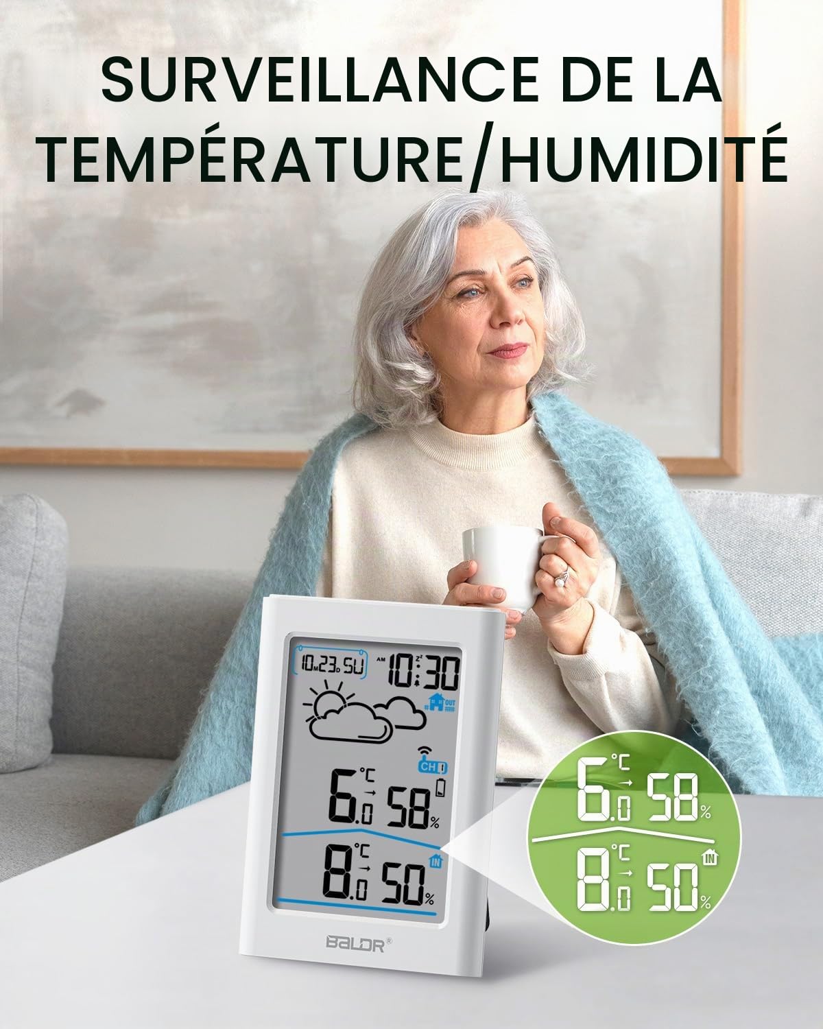BALDR Station météo sans fil avec capteur extérieur, horloge radio numérique DCF, thermomètre hygromètre d'intérieur et extérieur, pour prévisions météorologiques, écran de 3,7'', crème